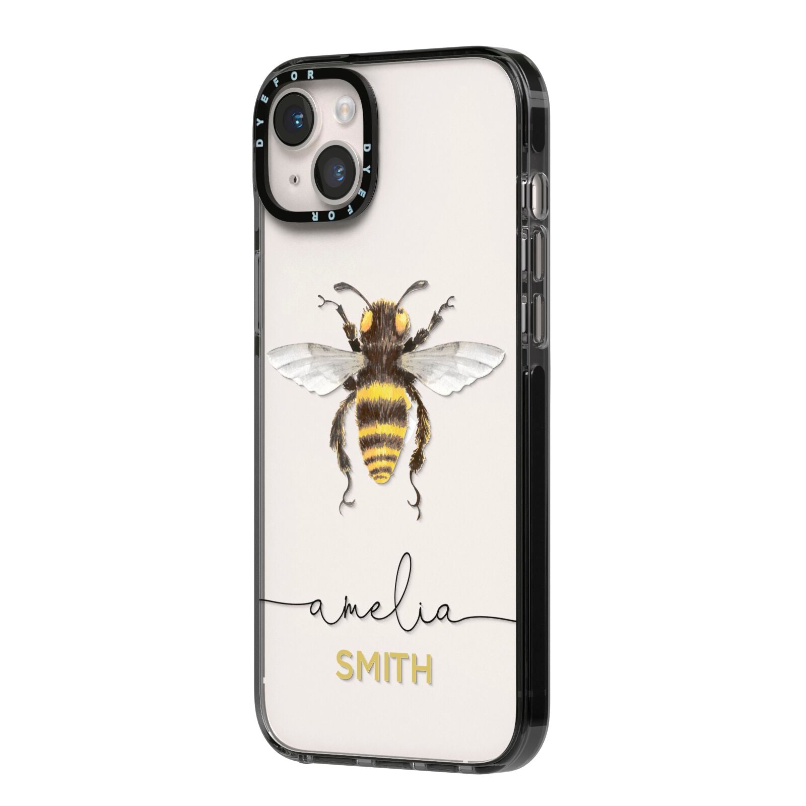 Watercolour Bee Personalised Name iPhone 14 Plus Black Impact Case Side Angle on Silver phone