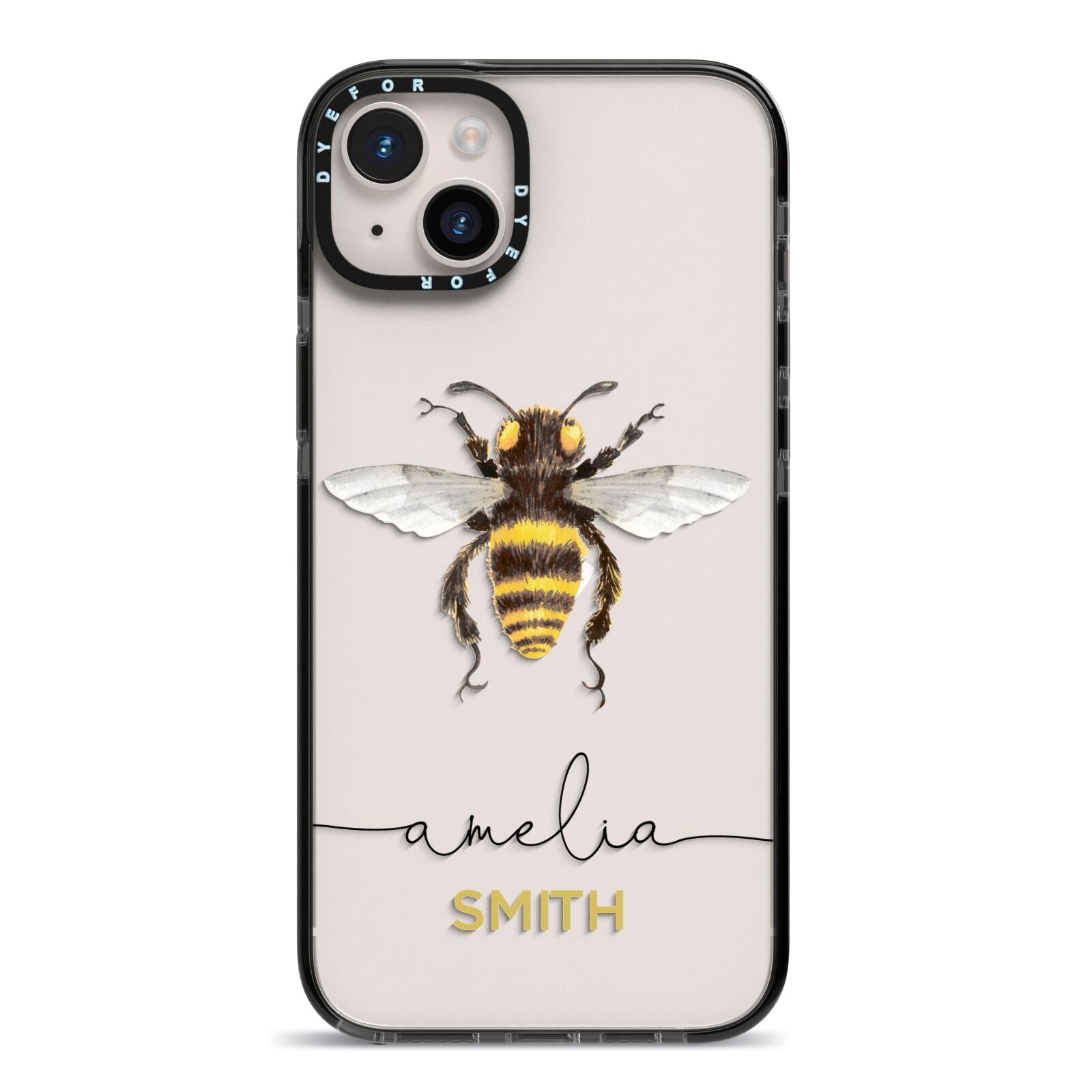 Watercolour Bee Personalised Name iPhone 14 Plus Black Impact Case on Silver phone