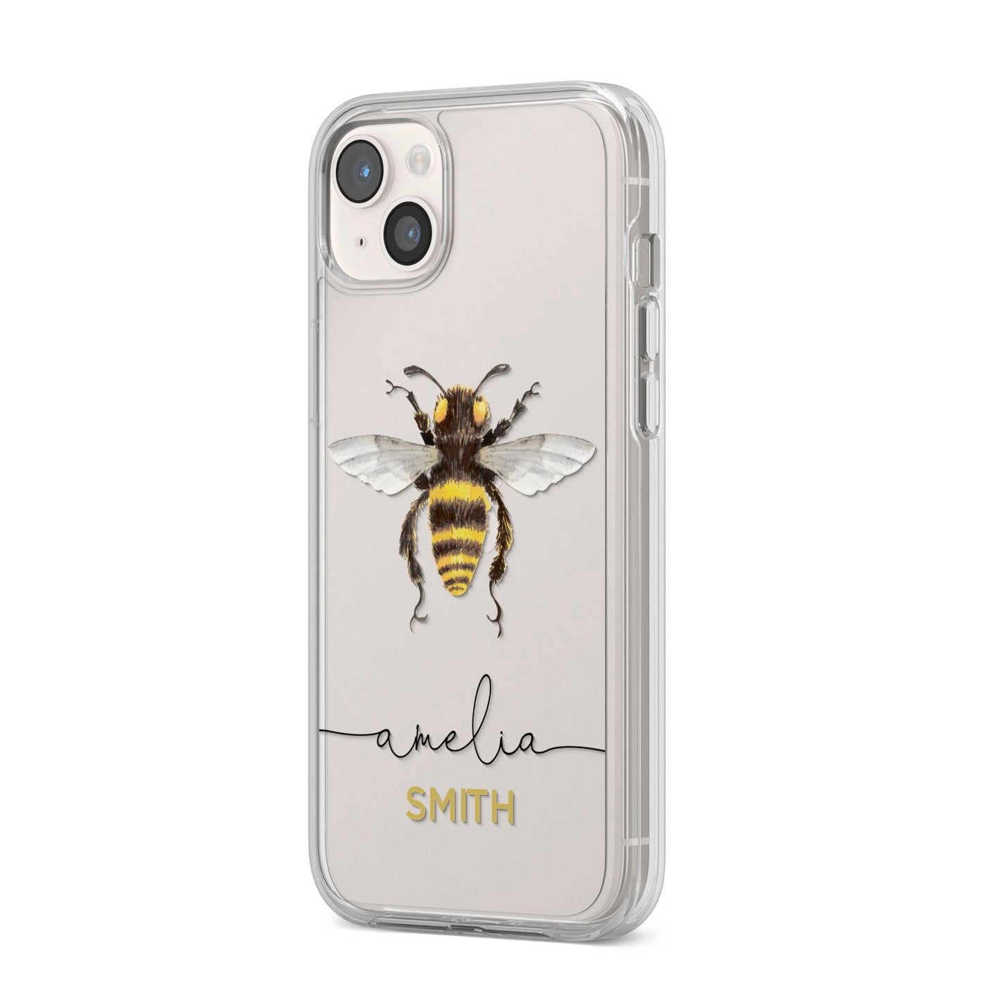 Watercolour Bee Personalised Name iPhone 14 Plus Clear Tough Case Starlight Angled Image