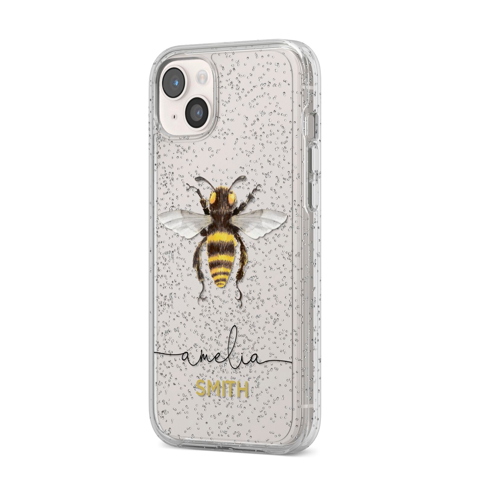 Watercolour Bee Personalised Name iPhone 14 Plus Glitter Tough Case Starlight Angled Image