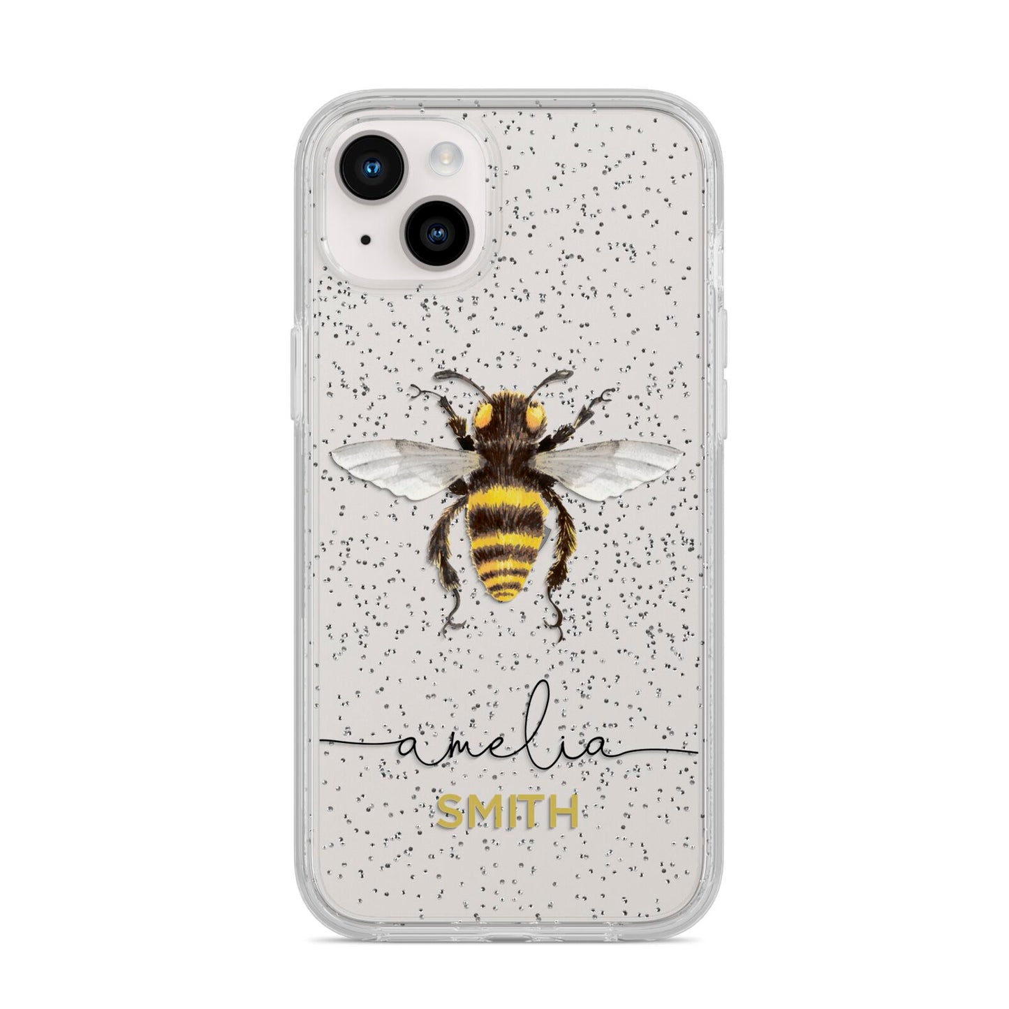 Watercolour Bee Personalised Name iPhone 14 Plus Glitter Tough Case Starlight