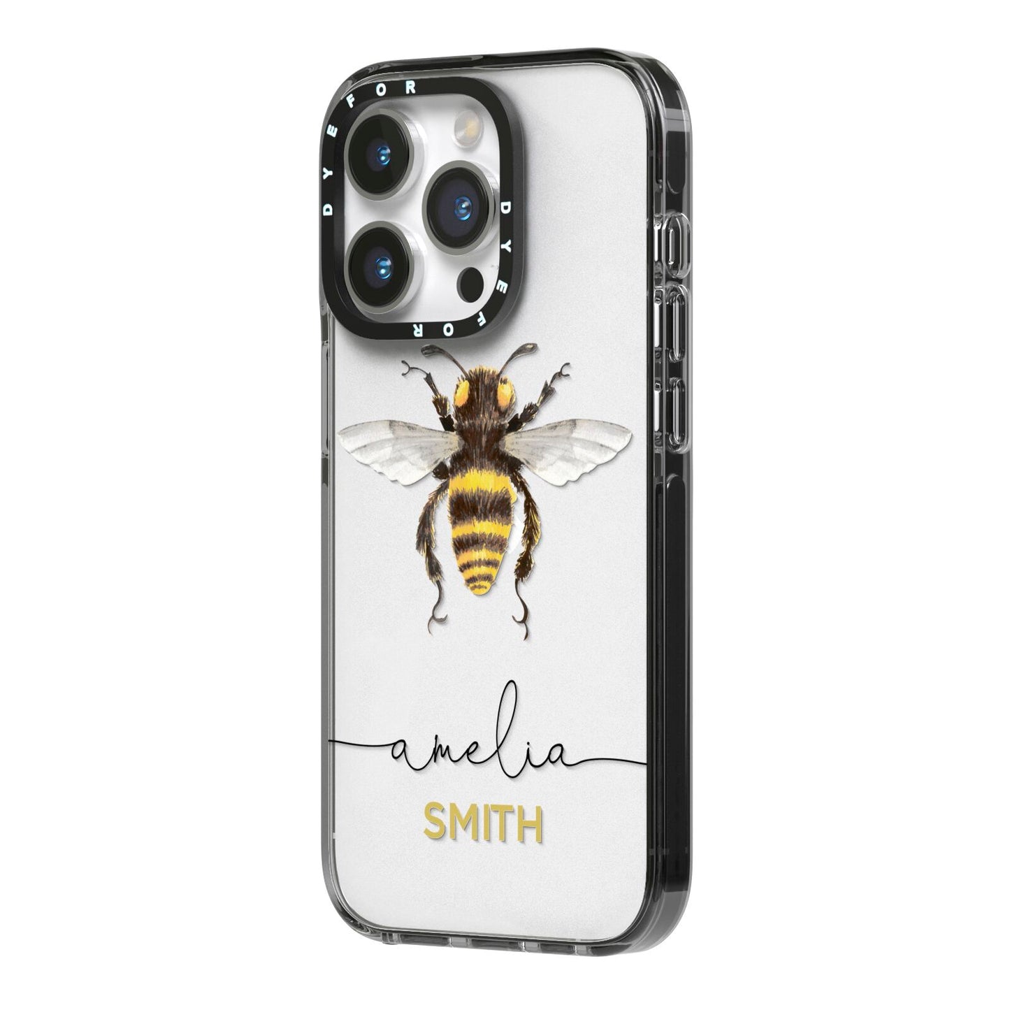 Watercolour Bee Personalised Name iPhone 14 Pro Black Impact Case Side Angle on Silver phone