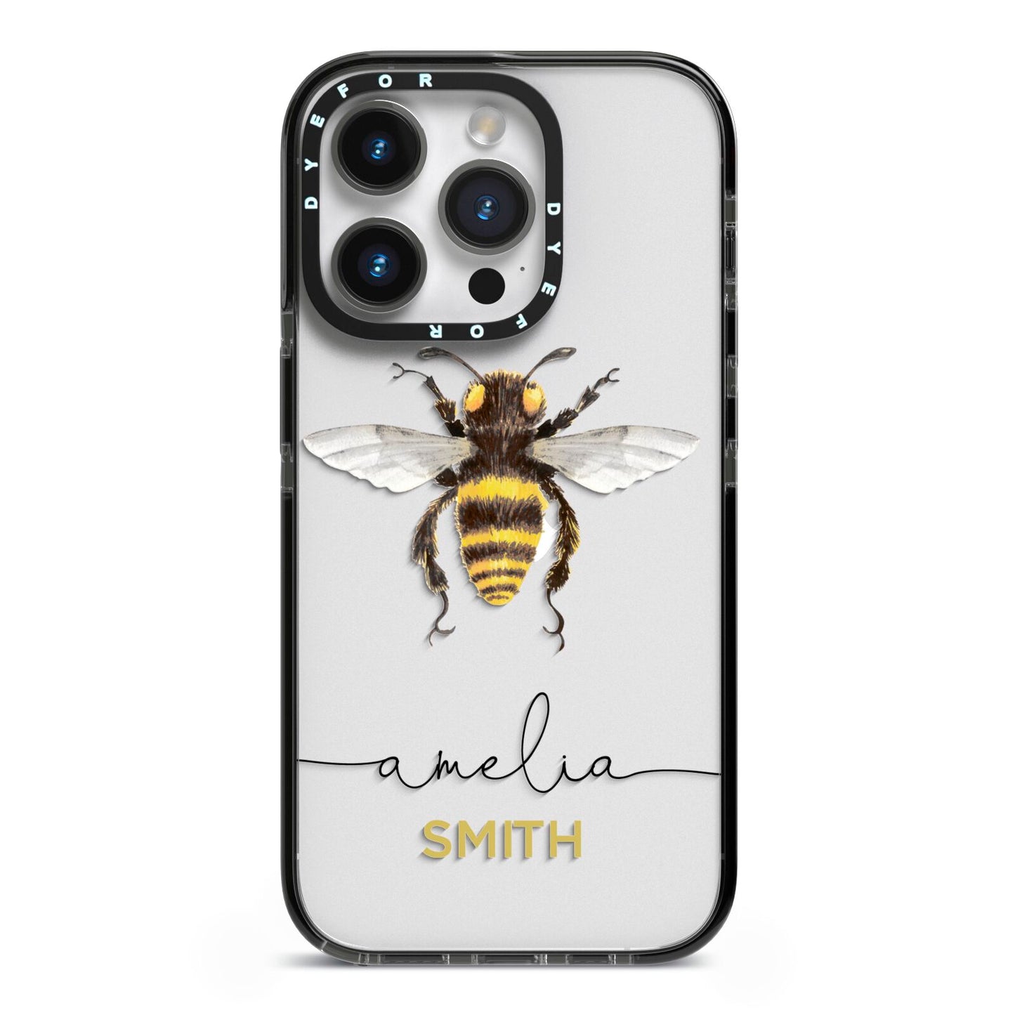 Watercolour Bee Personalised Name iPhone 14 Pro Black Impact Case on Silver phone