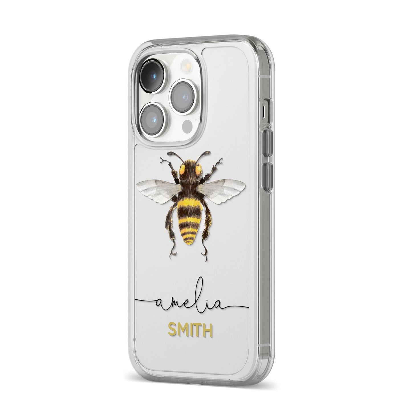 Watercolour Bee Personalised Name iPhone 14 Pro Clear Tough Case Silver Angled Image