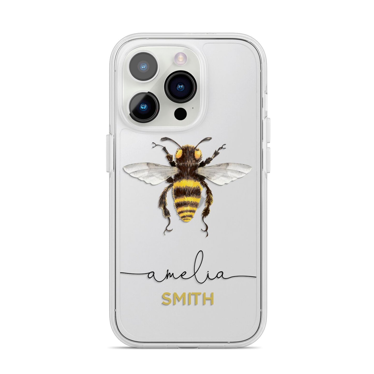 Watercolour Bee Personalised Name iPhone 14 Pro Clear Tough Case Silver