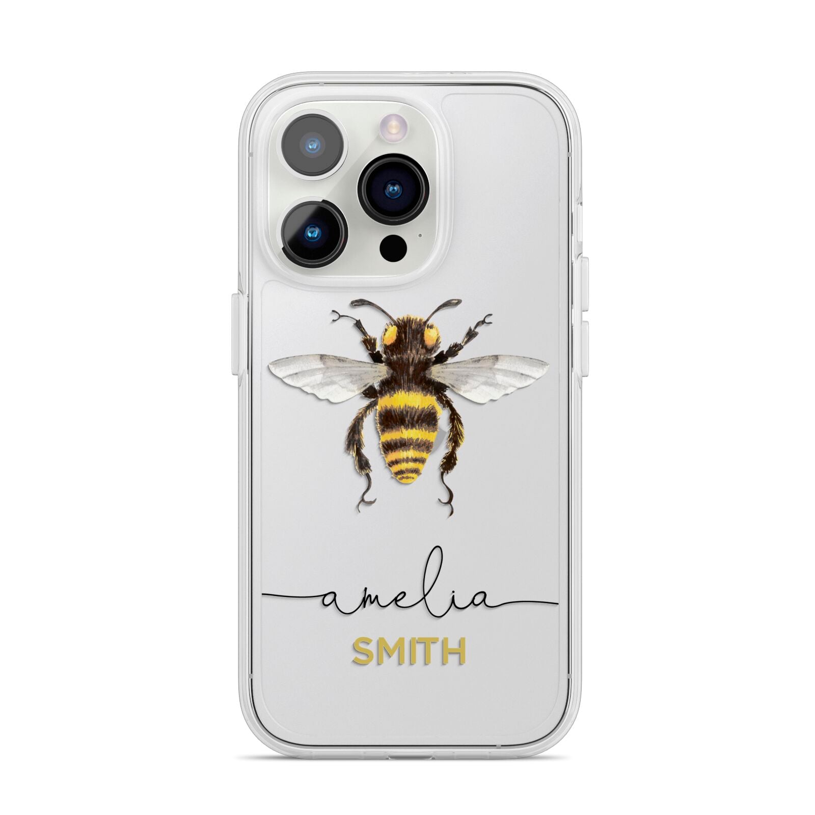 Watercolour Bee Personalised Name iPhone 14 Pro Clear Tough Case Silver