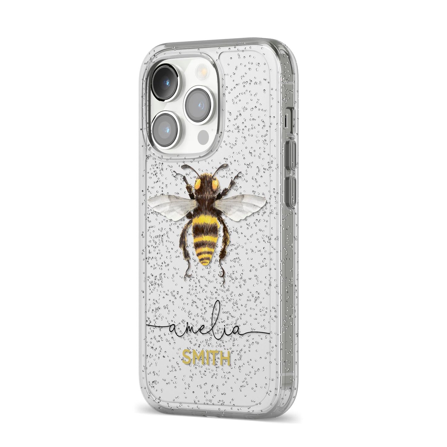 Watercolour Bee Personalised Name iPhone 14 Pro Glitter Tough Case Silver Angled Image