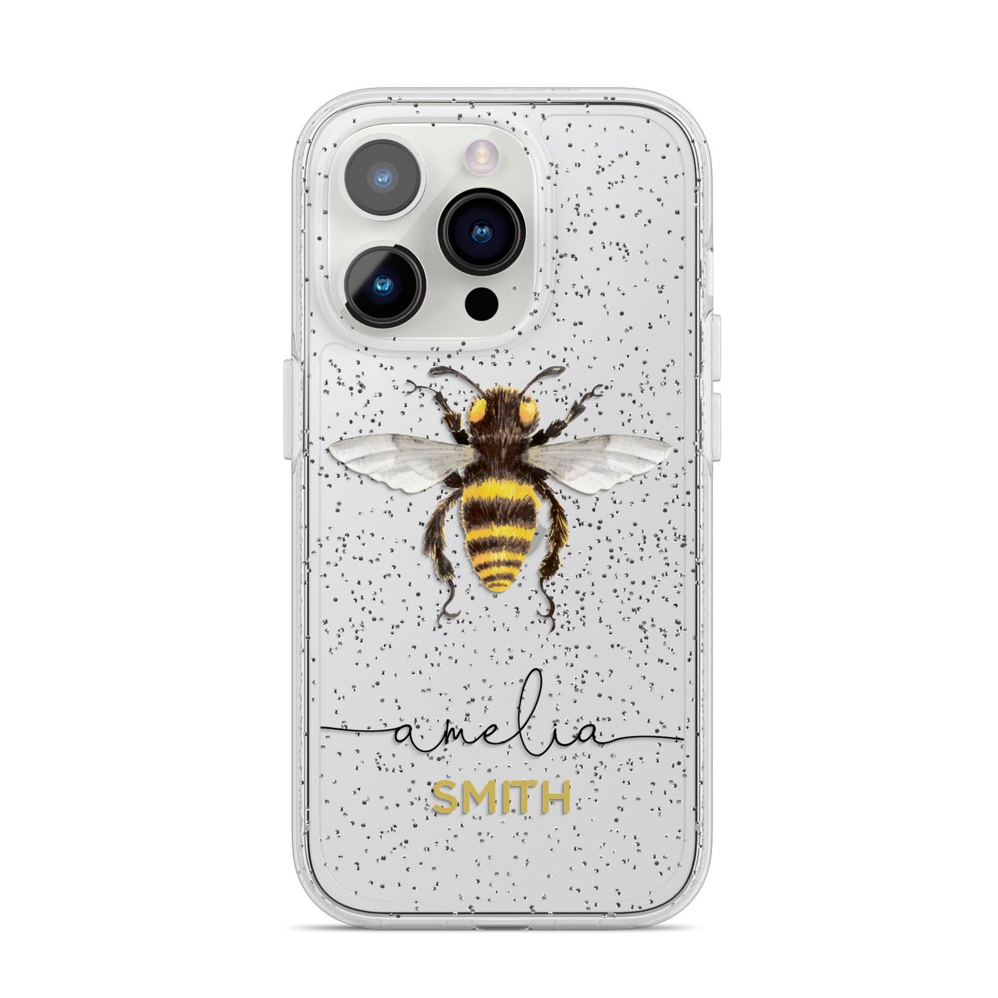 Watercolour Bee Personalised Name iPhone 14 Pro Glitter Tough Case Silver