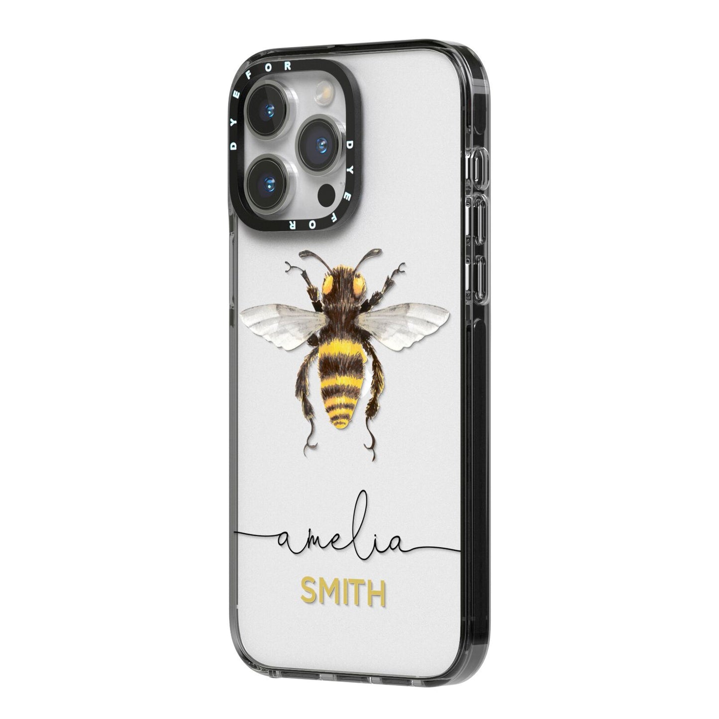 Watercolour Bee Personalised Name iPhone 14 Pro Max Black Impact Case Side Angle on Silver phone