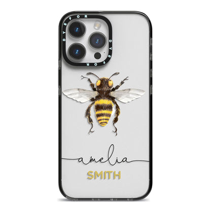 Watercolour Bee Personalised Name iPhone 14 Pro Max Black Impact Case on Silver phone