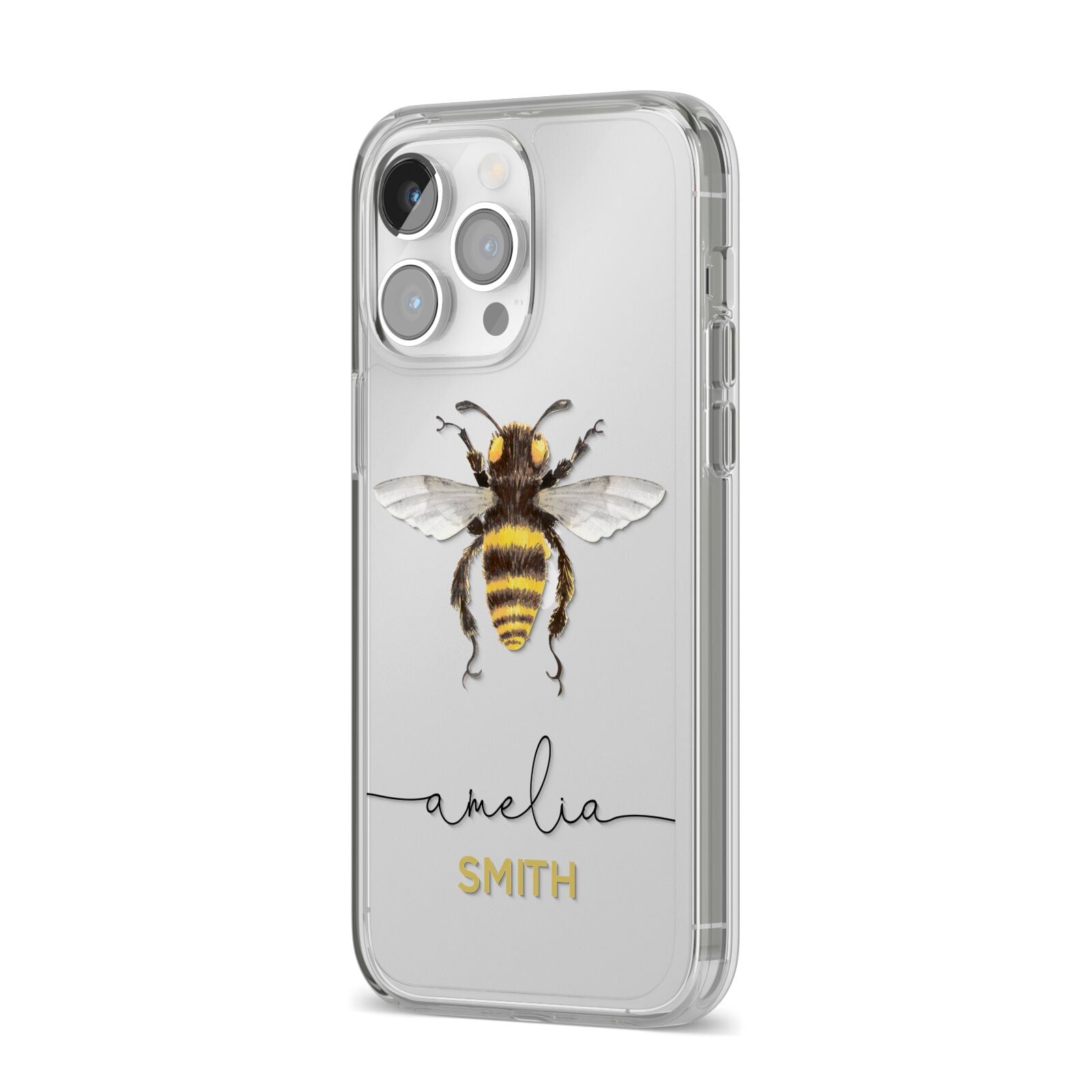 Watercolour Bee Personalised Name iPhone 14 Pro Max Clear Tough Case Silver Angled Image