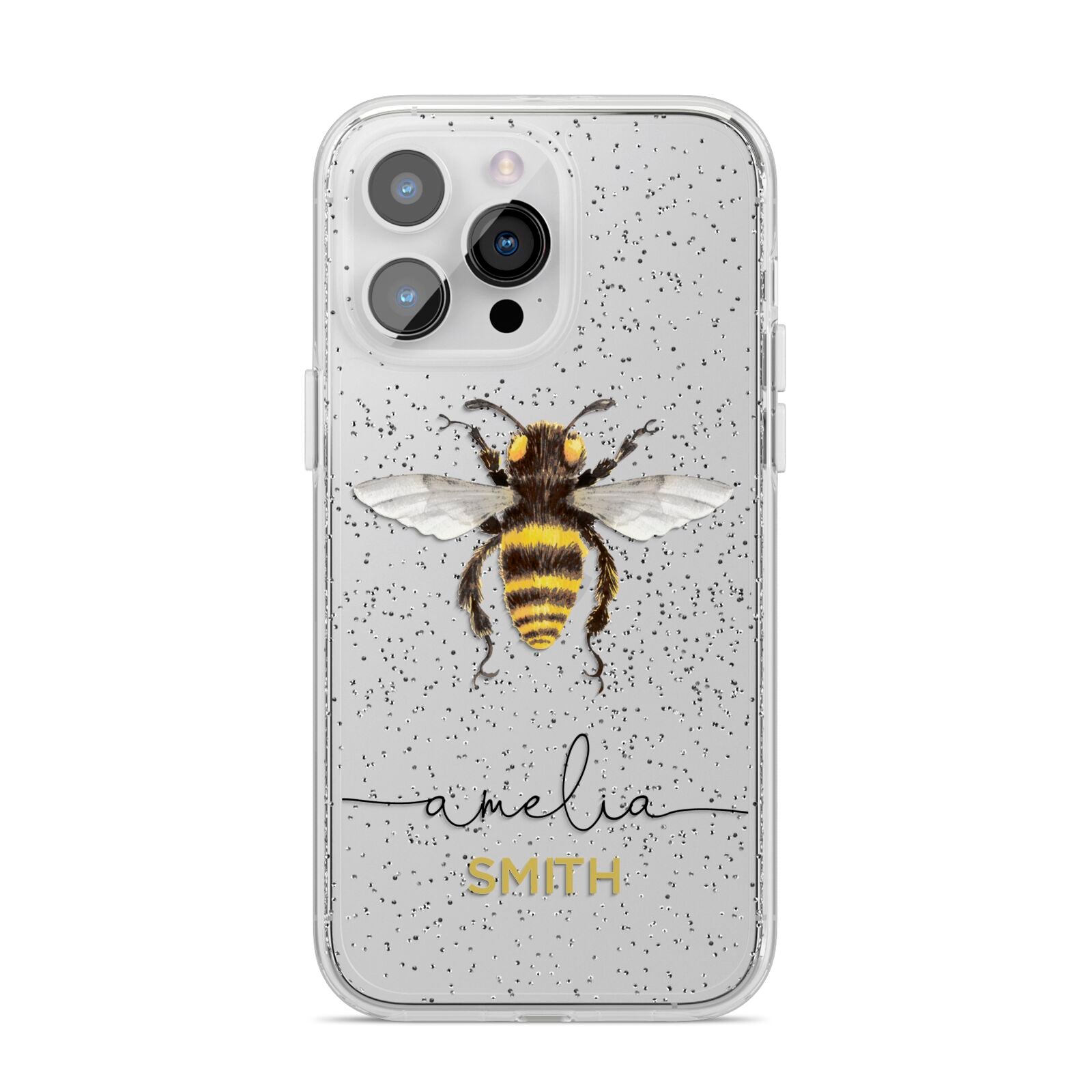 Watercolour Bee Personalised Name iPhone 14 Pro Max Glitter Tough Case Silver