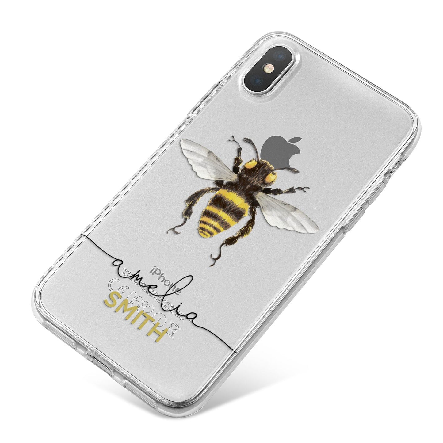 Watercolour Bee Personalised Name iPhone X Bumper Case on Silver iPhone
