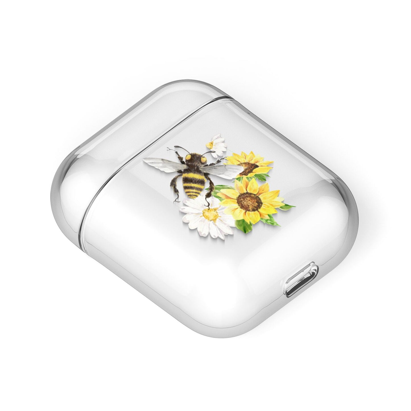 Watercolour Bee and Sunflowers AirPods Case Laid Flat