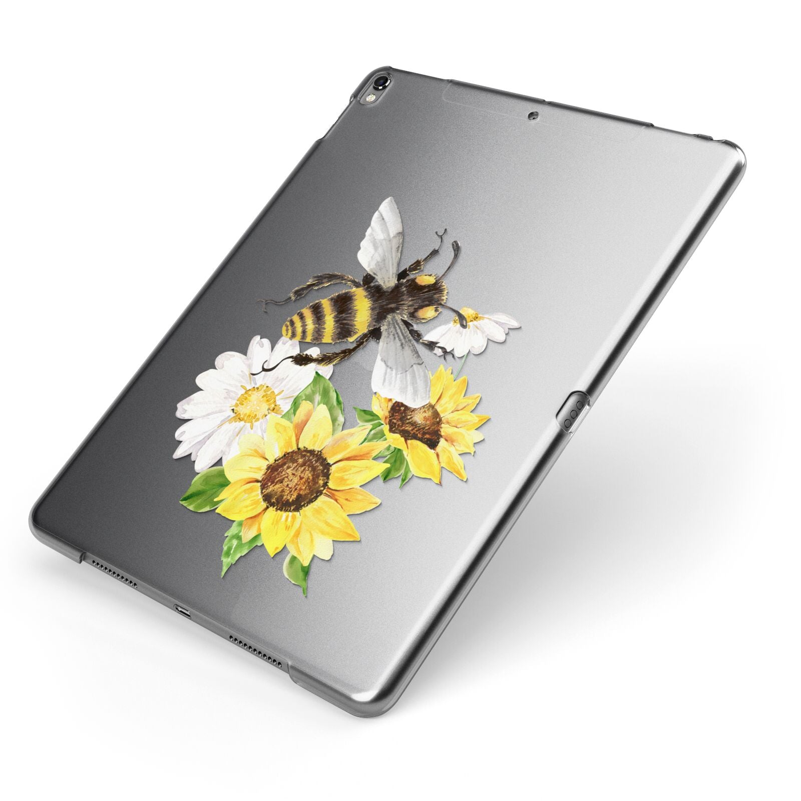 Watercolour Bee and Sunflowers Apple iPad Case on Grey iPad Side View