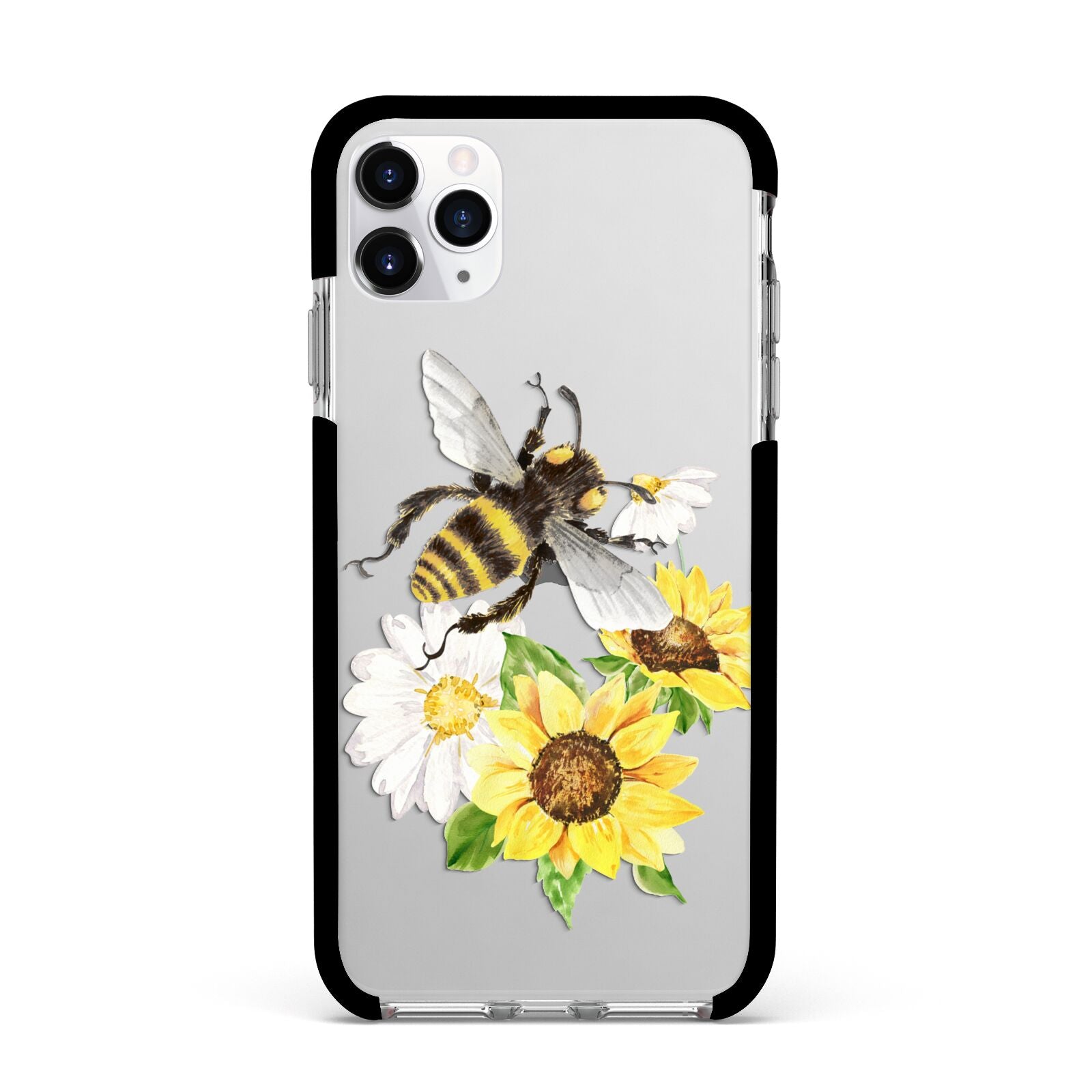 Watercolour Bee and Sunflowers Apple iPhone 11 Pro Max in Silver with Black Impact Case