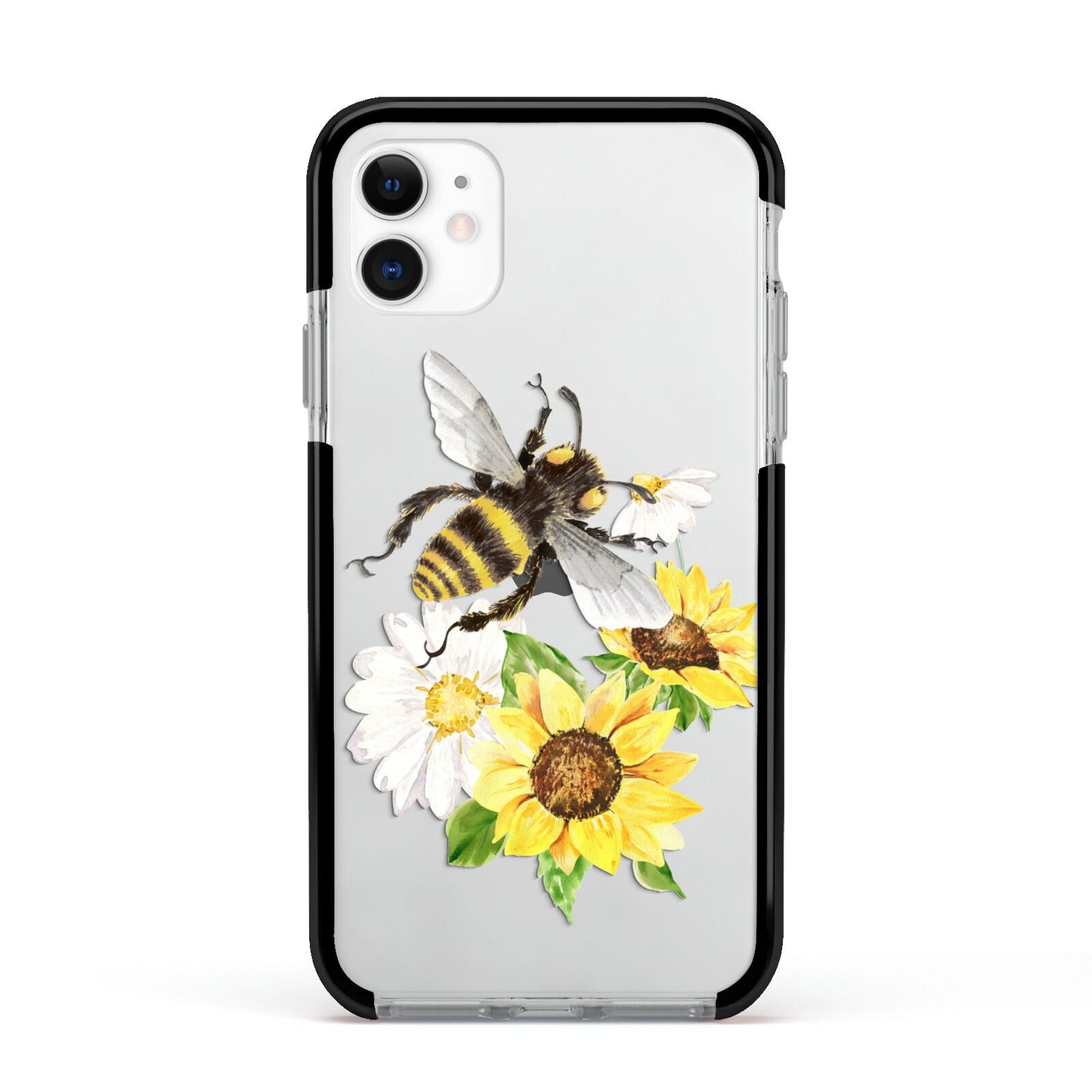 Watercolour Bee and Sunflowers Apple iPhone 11 in White with Black Impact Case