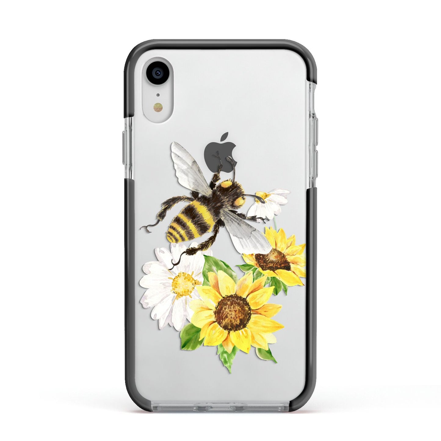 Watercolour Bee and Sunflowers Apple iPhone XR Impact Case Black Edge on Silver Phone