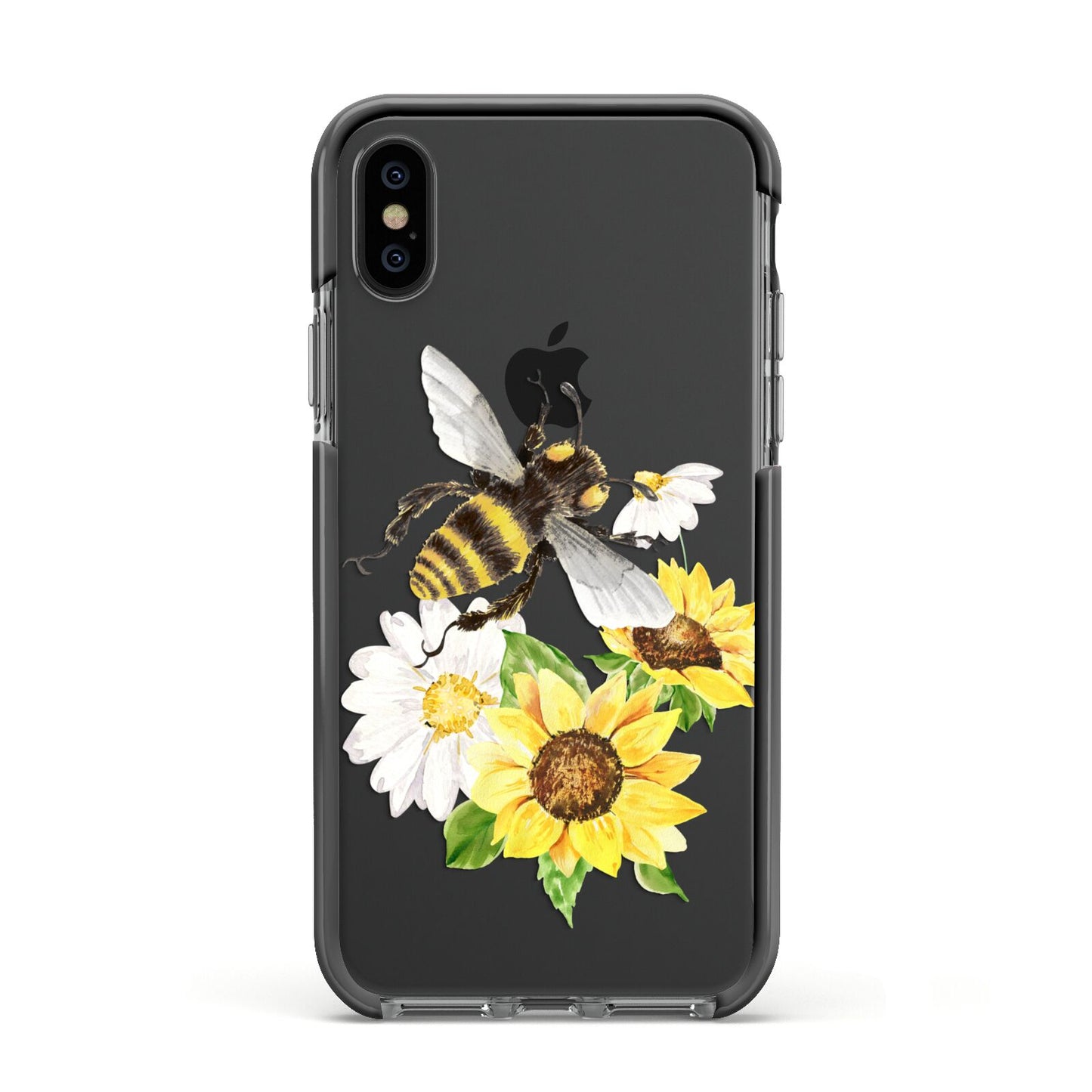 Watercolour Bee and Sunflowers Apple iPhone Xs Impact Case Black Edge on Black Phone