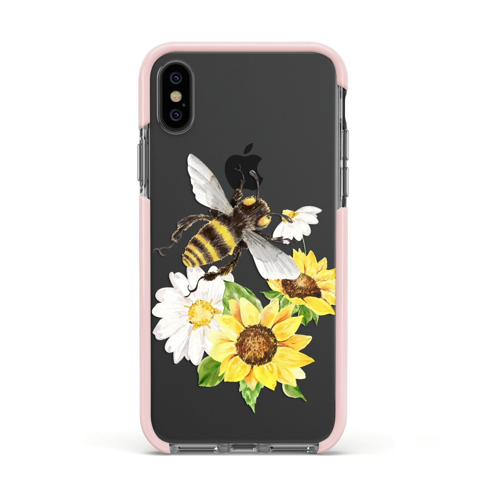 Watercolour Bee and Sunflowers Apple iPhone Xs Impact Case Pink Edge on Black Phone