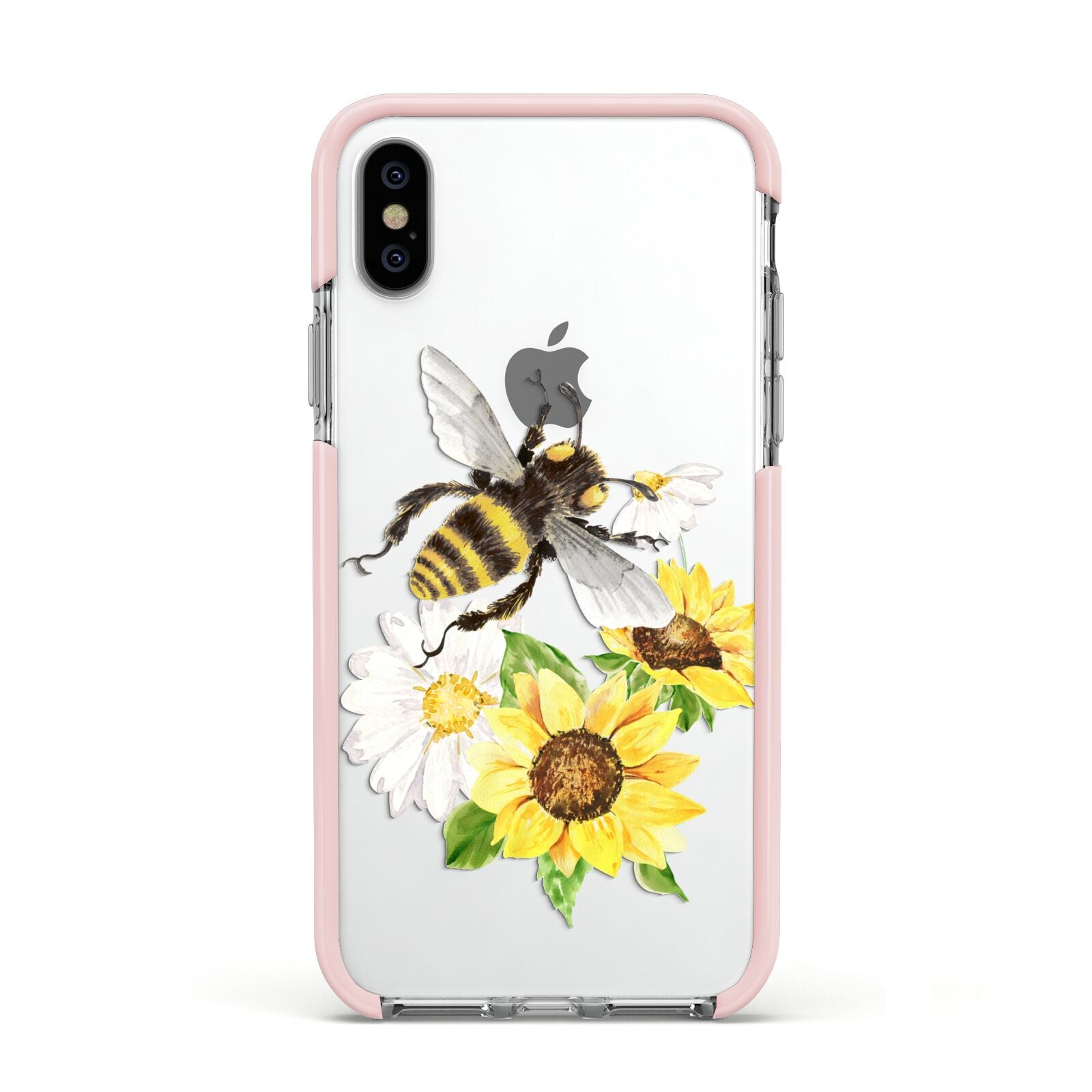 Watercolour Bee and Sunflowers Apple iPhone Xs Impact Case Pink Edge on Silver Phone