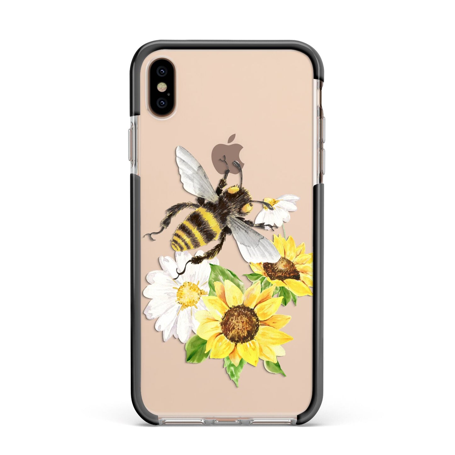 Watercolour Bee and Sunflowers Apple iPhone Xs Max Impact Case Black Edge on Gold Phone