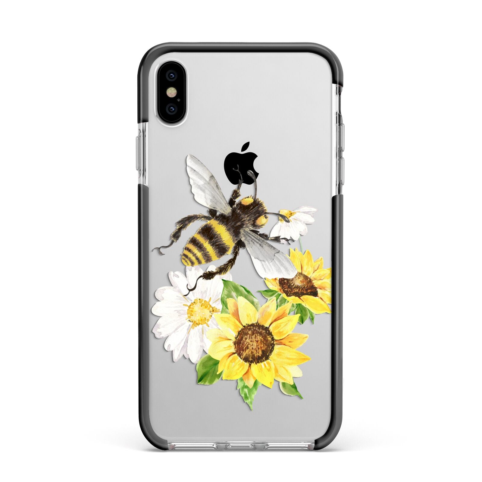 Watercolour Bee and Sunflowers Apple iPhone Xs Max Impact Case Black Edge on Silver Phone