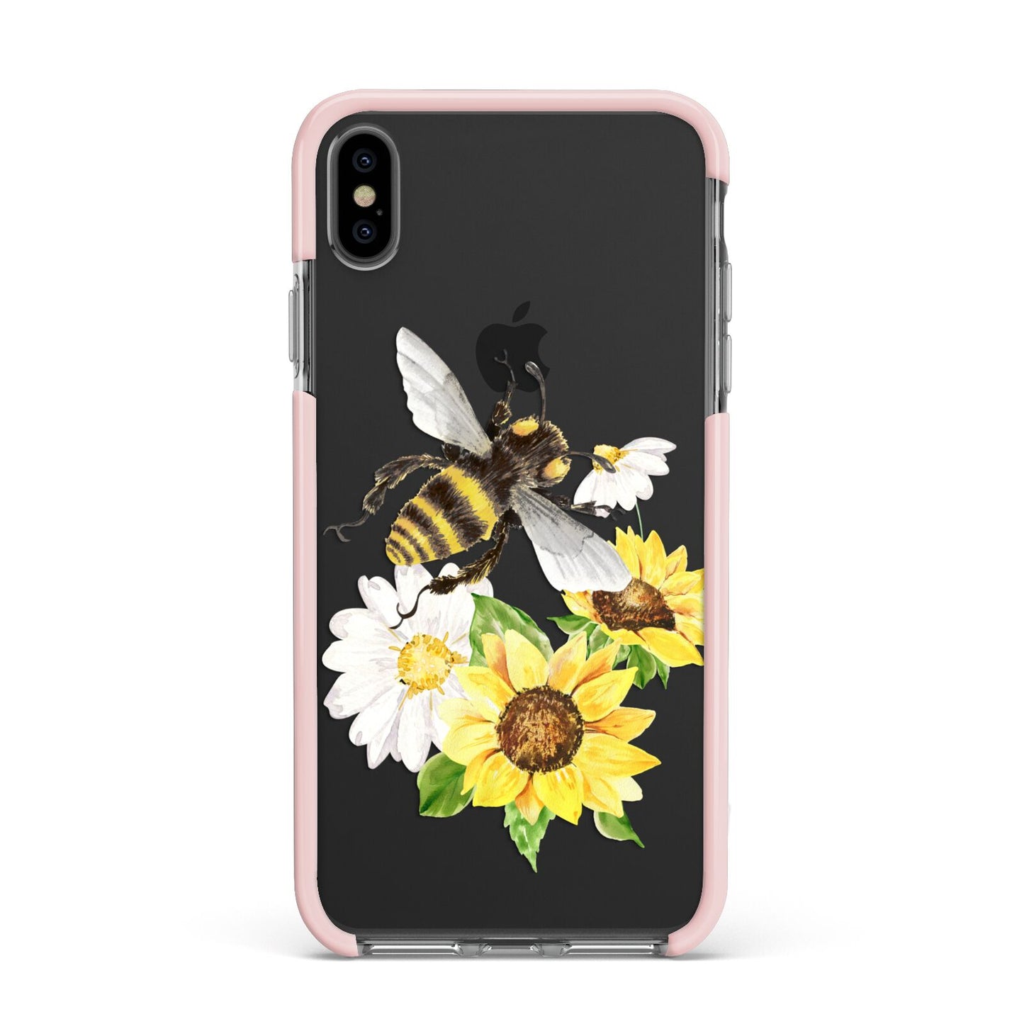 Watercolour Bee and Sunflowers Apple iPhone Xs Max Impact Case Pink Edge on Black Phone