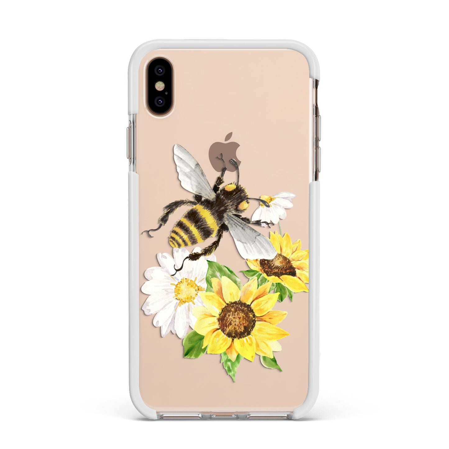 Watercolour Bee and Sunflowers Apple iPhone Xs Max Impact Case White Edge on Gold Phone