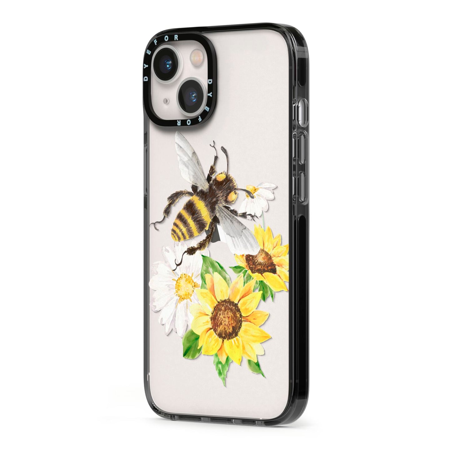 Watercolour Bee and Sunflowers iPhone 13 Black Impact Case Side Angle on Silver phone
