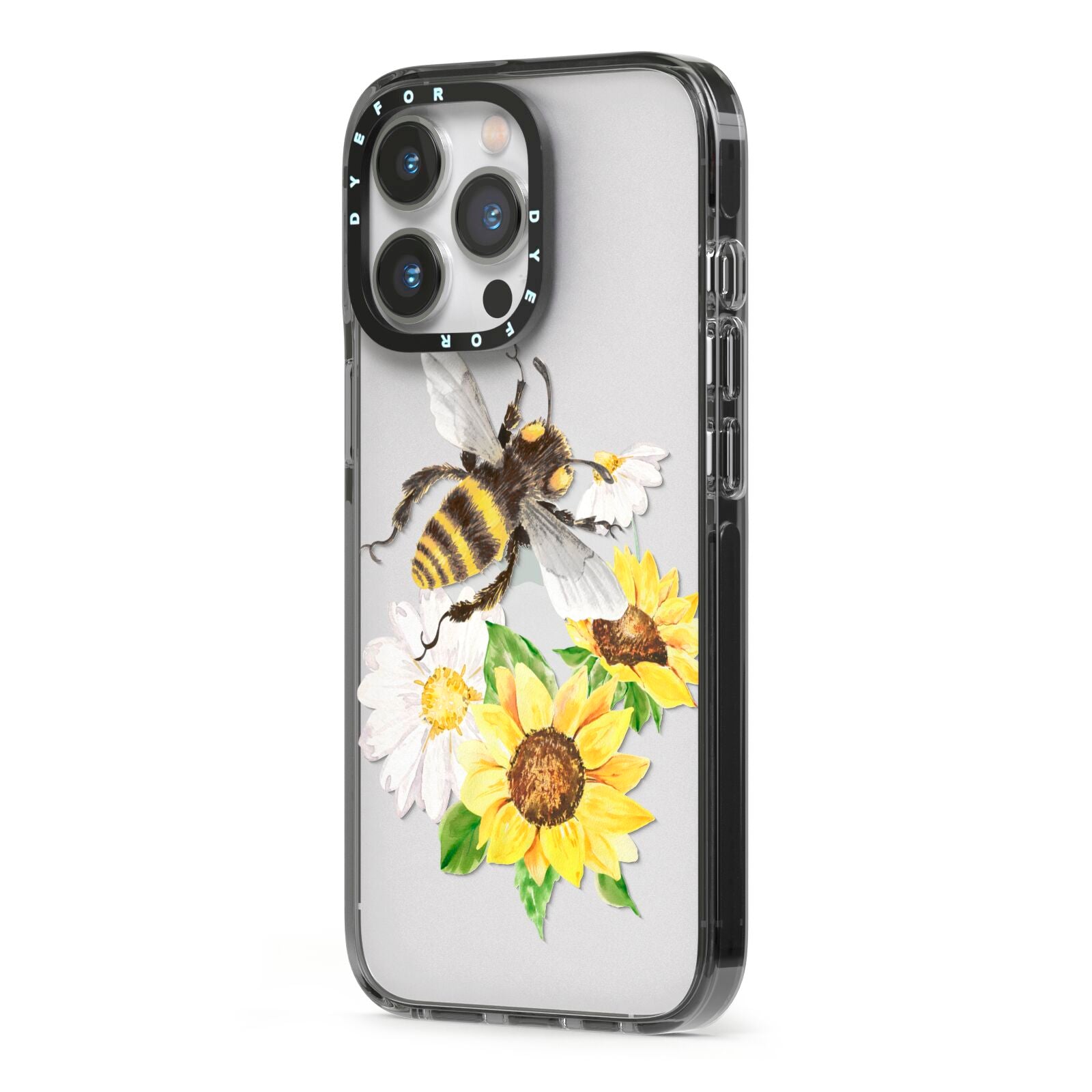 Watercolour Bee and Sunflowers iPhone 13 Pro Black Impact Case Side Angle on Silver phone