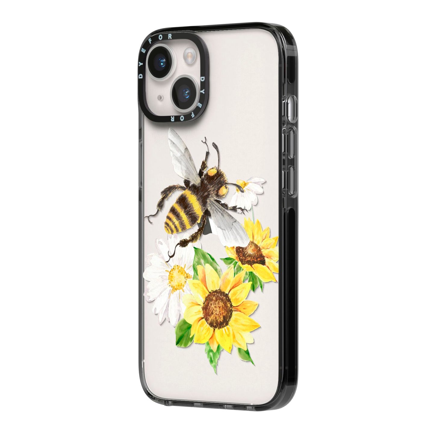 Watercolour Bee and Sunflowers iPhone 14 Black Impact Case Side Angle on Silver phone