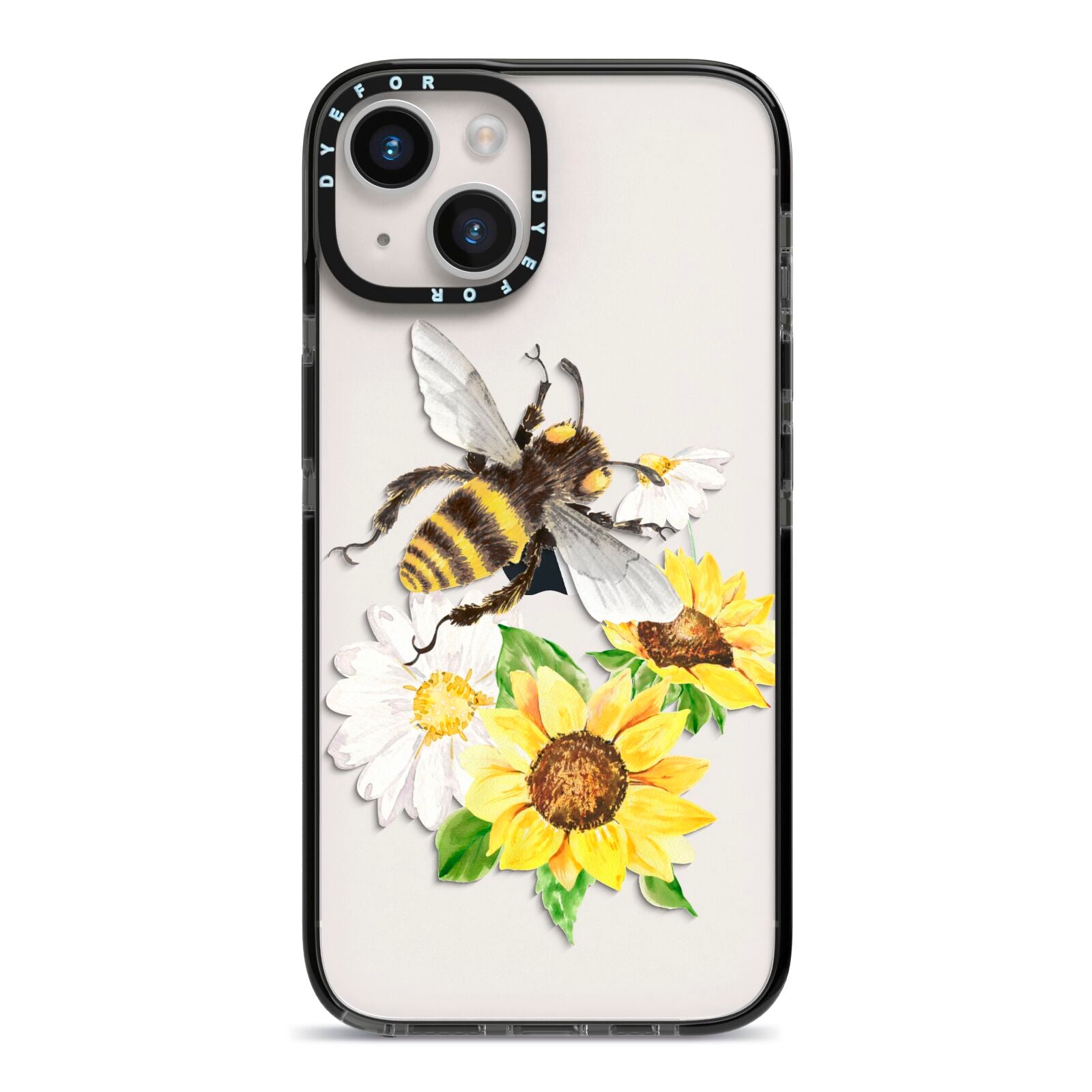 Watercolour Bee and Sunflowers iPhone 14 Black Impact Case on Silver phone
