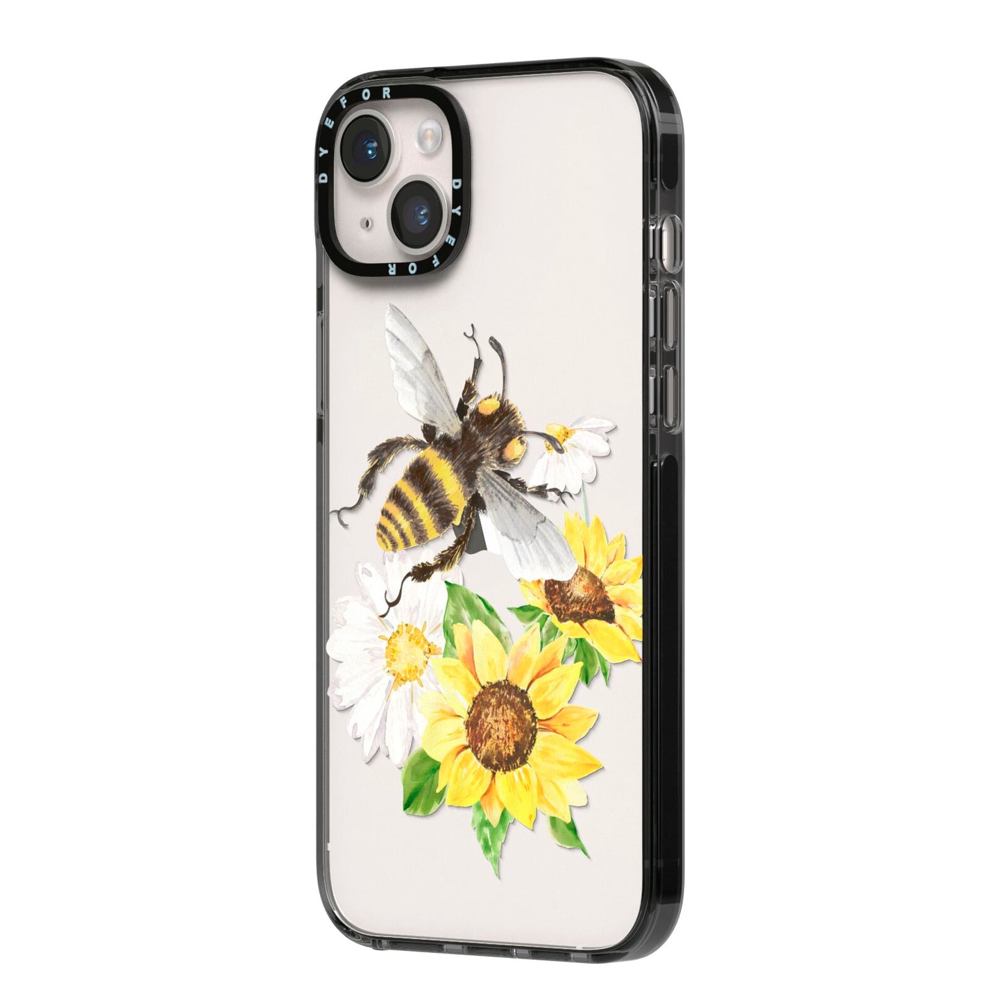 Watercolour Bee and Sunflowers iPhone 14 Plus Black Impact Case Side Angle on Silver phone