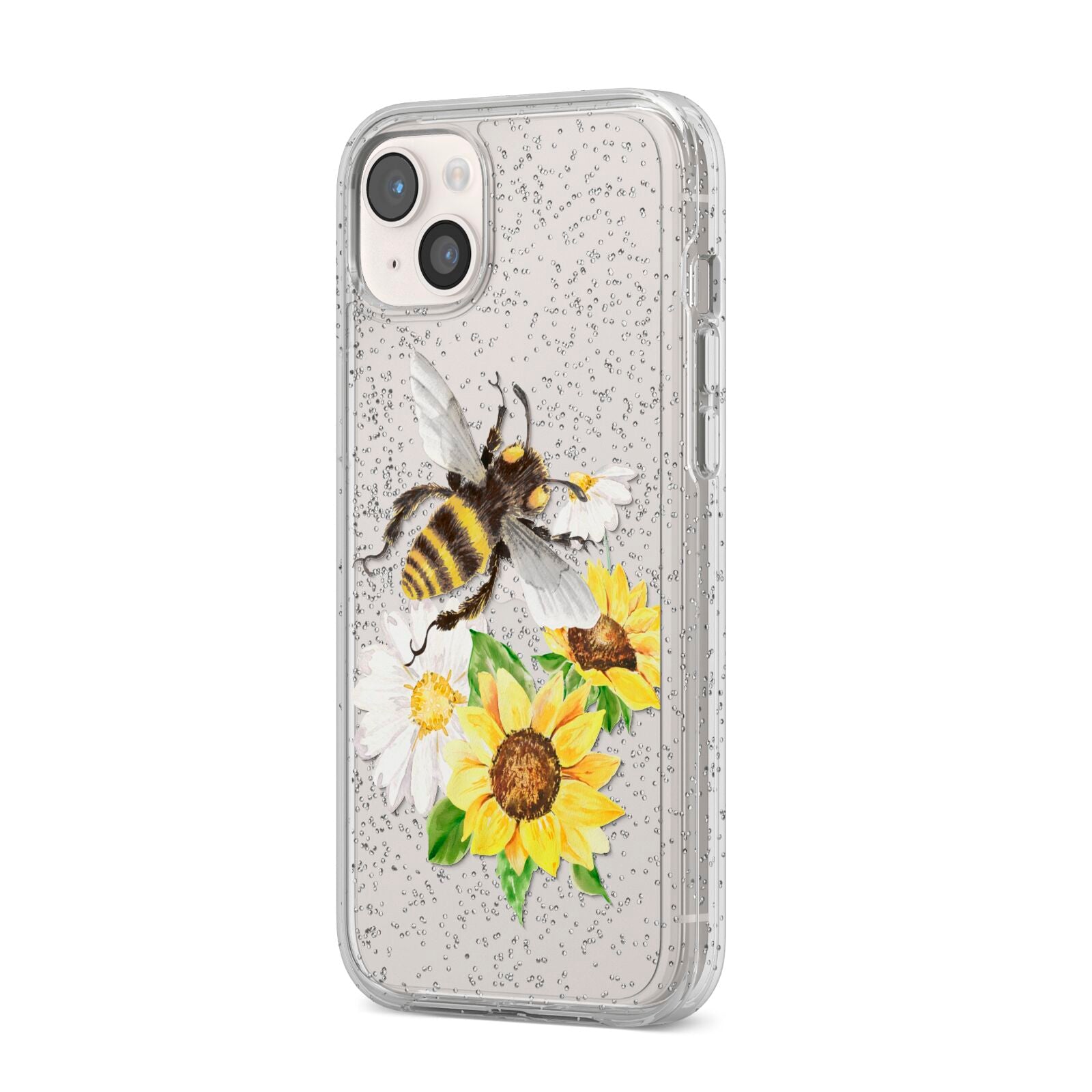 Watercolour Bee and Sunflowers iPhone 14 Plus Glitter Tough Case Starlight Angled Image