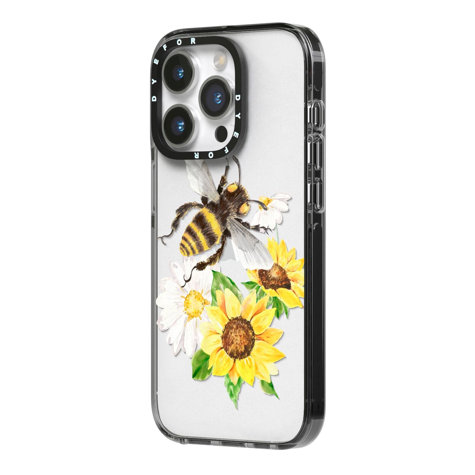Watercolour Bee and Sunflowers iPhone 14 Pro Black Impact Case Side Angle on Silver phone