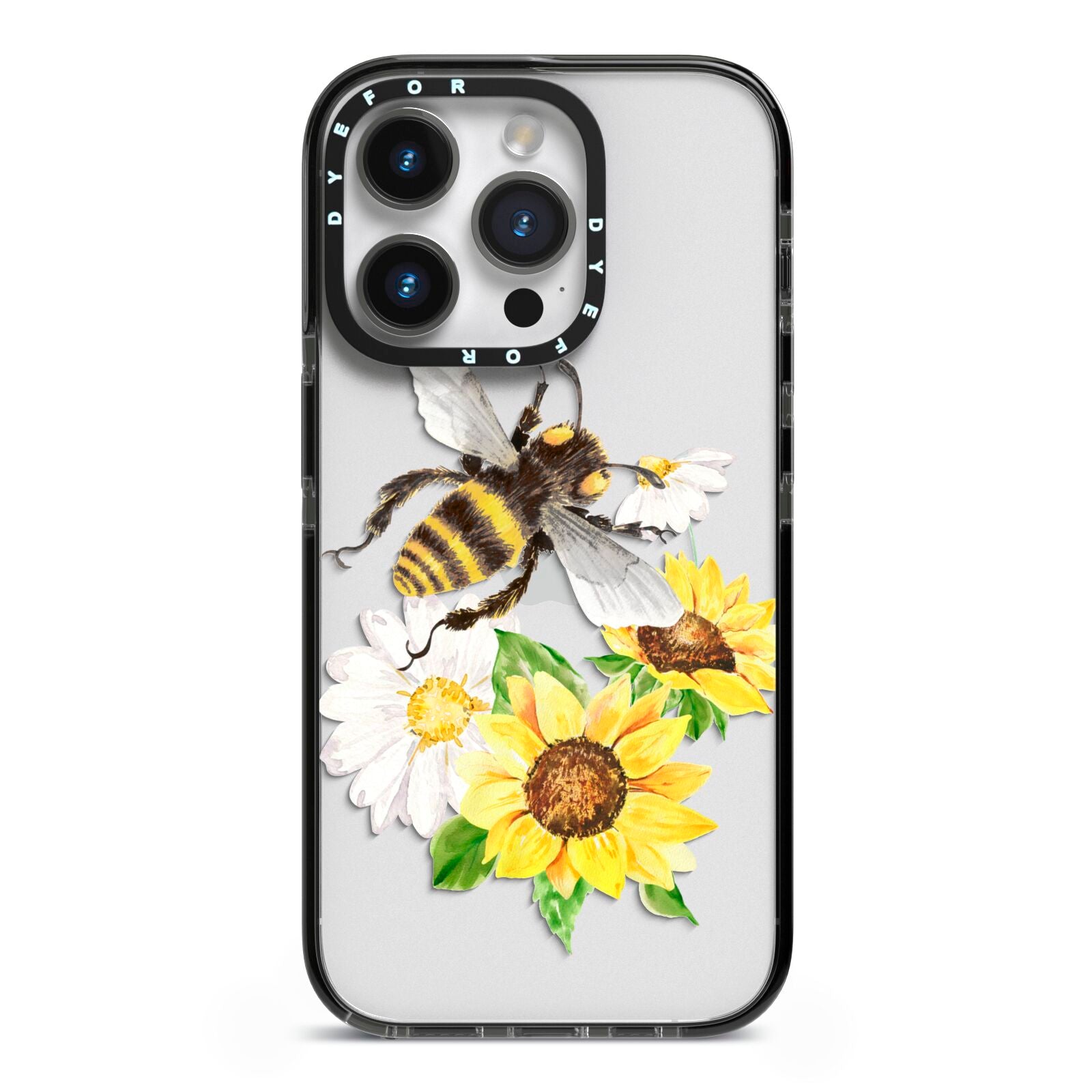 Watercolour Bee and Sunflowers iPhone 14 Pro Black Impact Case on Silver phone