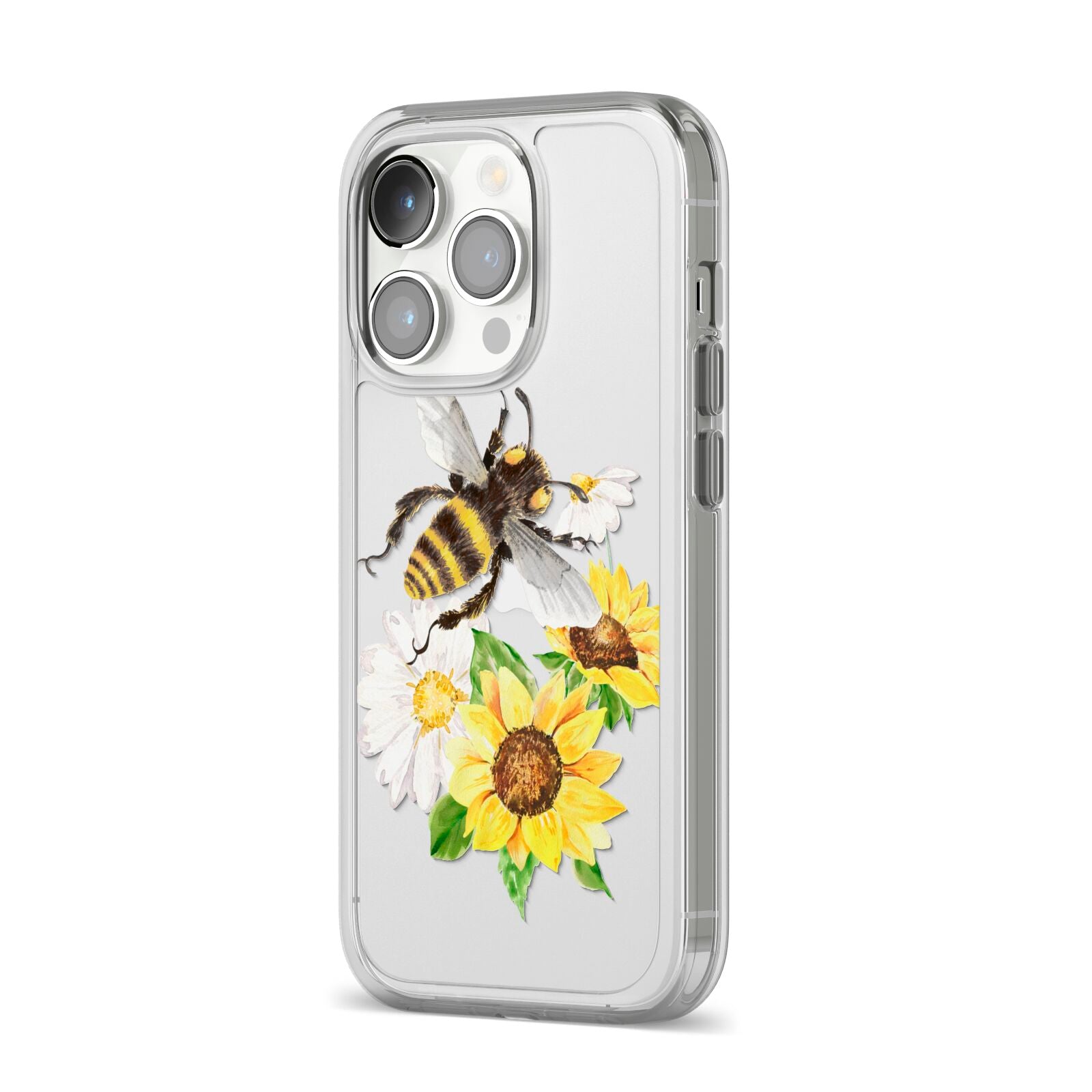 Watercolour Bee and Sunflowers iPhone 14 Pro Clear Tough Case Silver Angled Image
