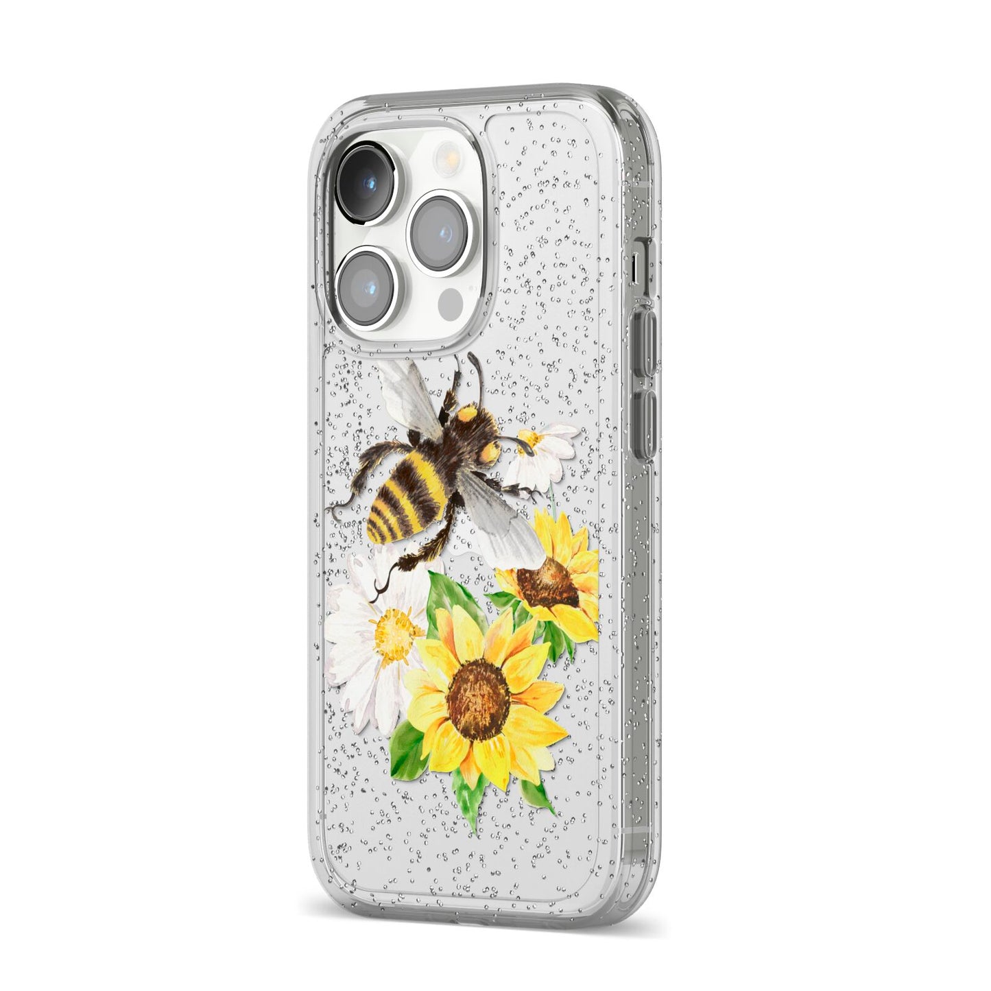 Watercolour Bee and Sunflowers iPhone 14 Pro Glitter Tough Case Silver Angled Image