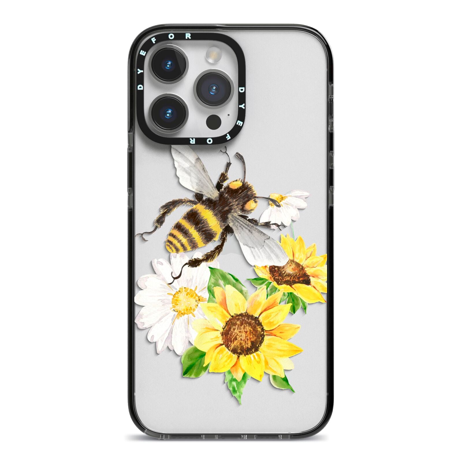 Watercolour Bee and Sunflowers iPhone 14 Pro Max Black Impact Case on Silver phone