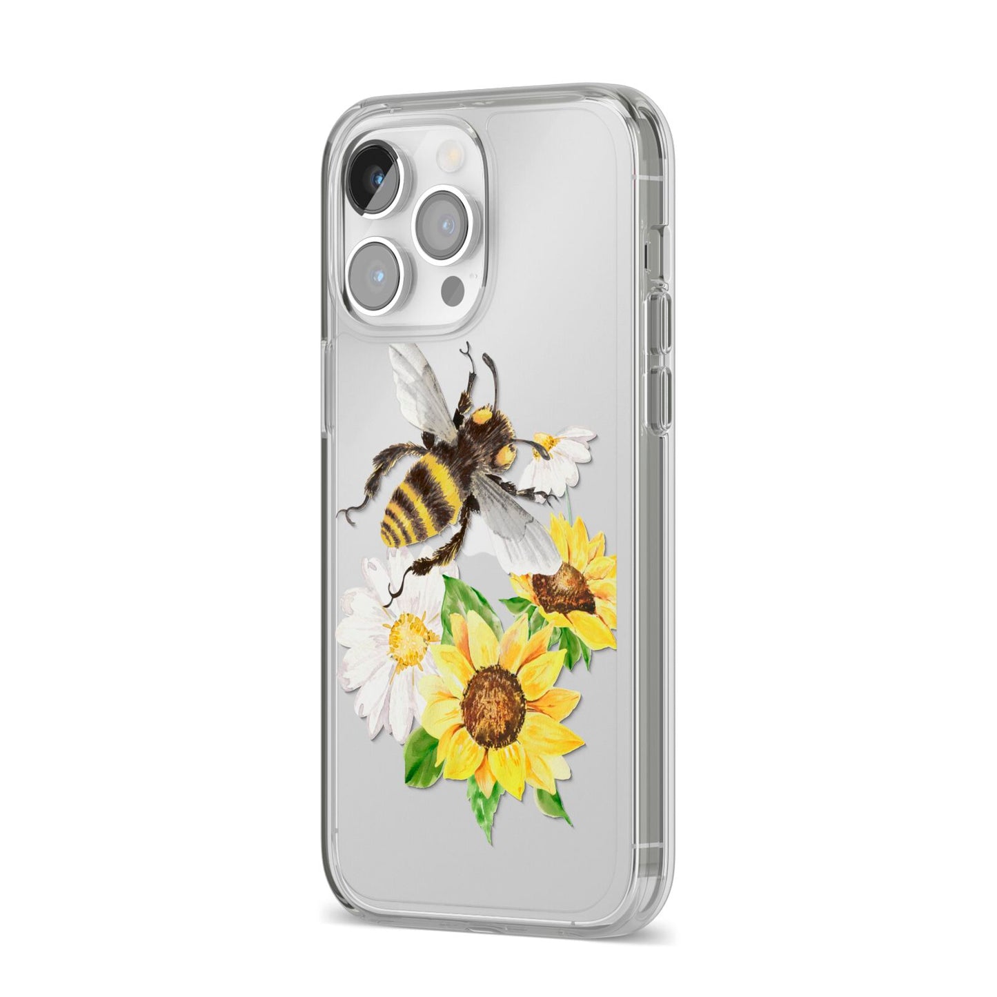 Watercolour Bee and Sunflowers iPhone 14 Pro Max Clear Tough Case Silver Angled Image