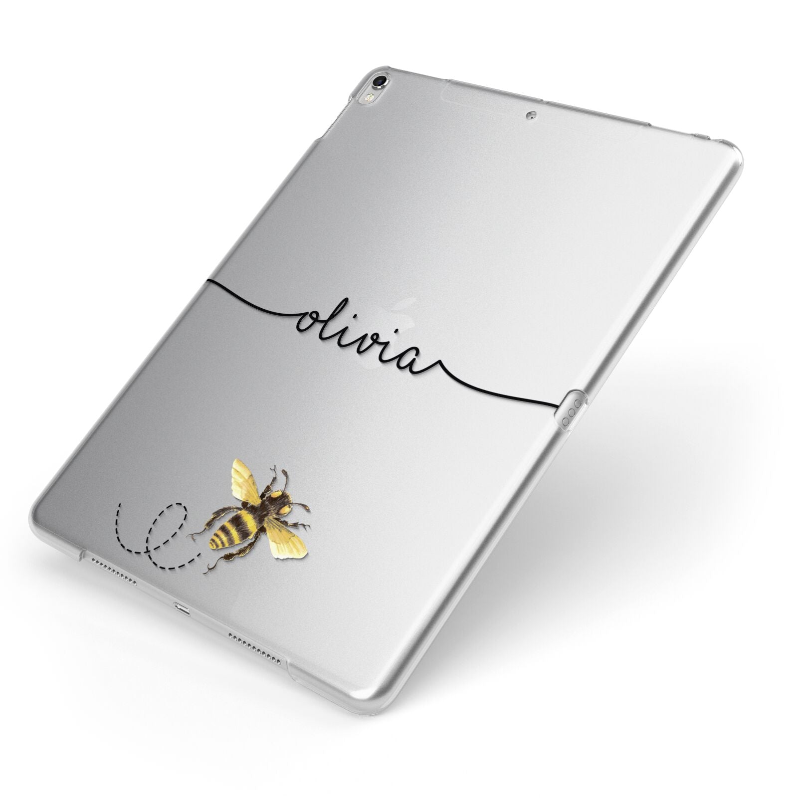 Watercolour Bee with Name Apple iPad Case on Silver iPad Side View