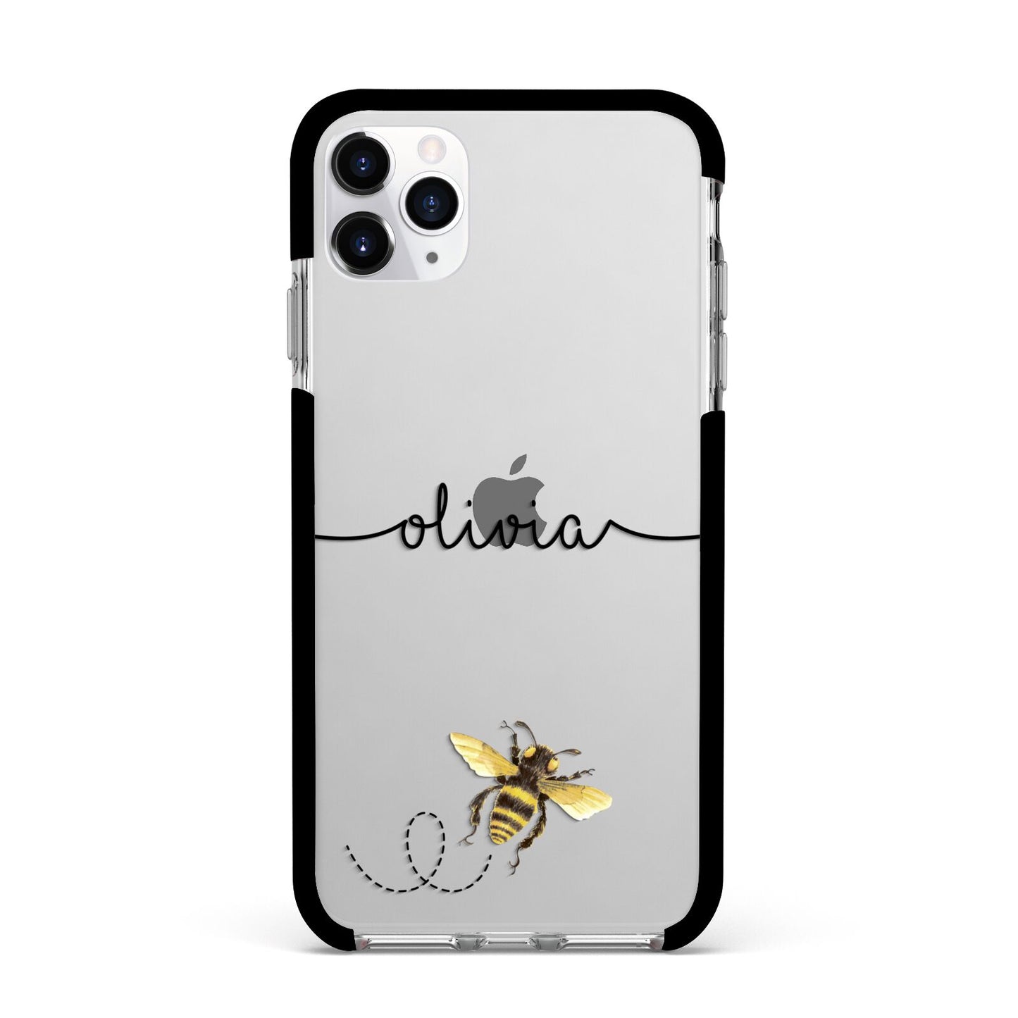 Watercolour Bee with Name Apple iPhone 11 Pro Max in Silver with Black Impact Case