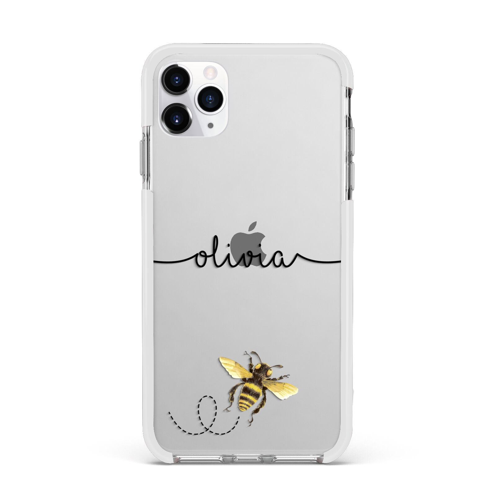 Watercolour Bee with Name Apple iPhone 11 Pro Max in Silver with White Impact Case