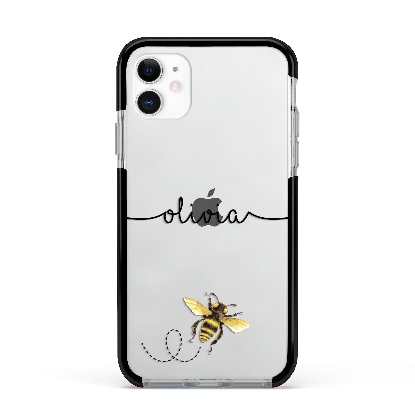 Watercolour Bee with Name Apple iPhone 11 in White with Black Impact Case