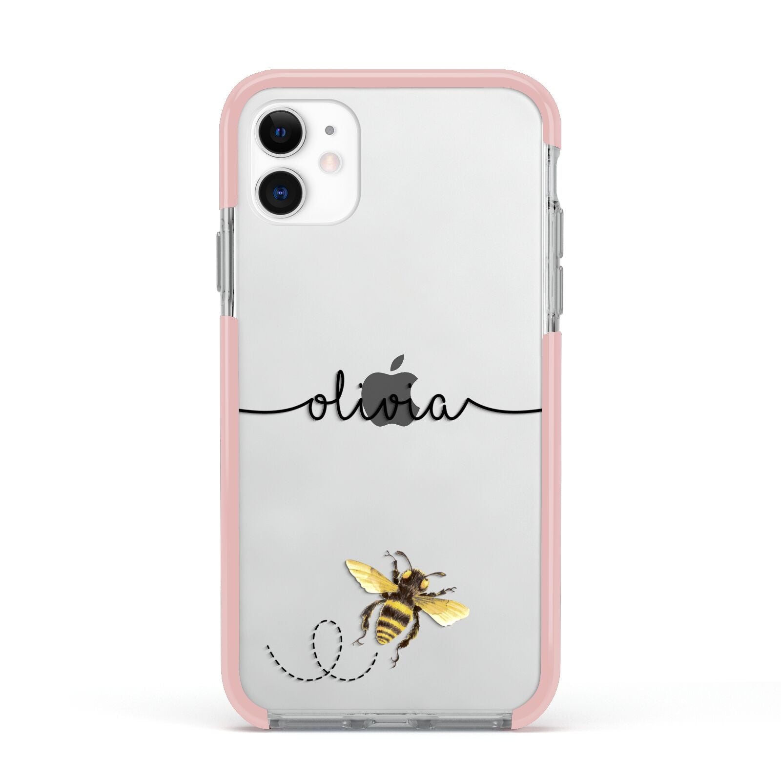 Watercolour Bee with Name Apple iPhone 11 in White with Pink Impact Case