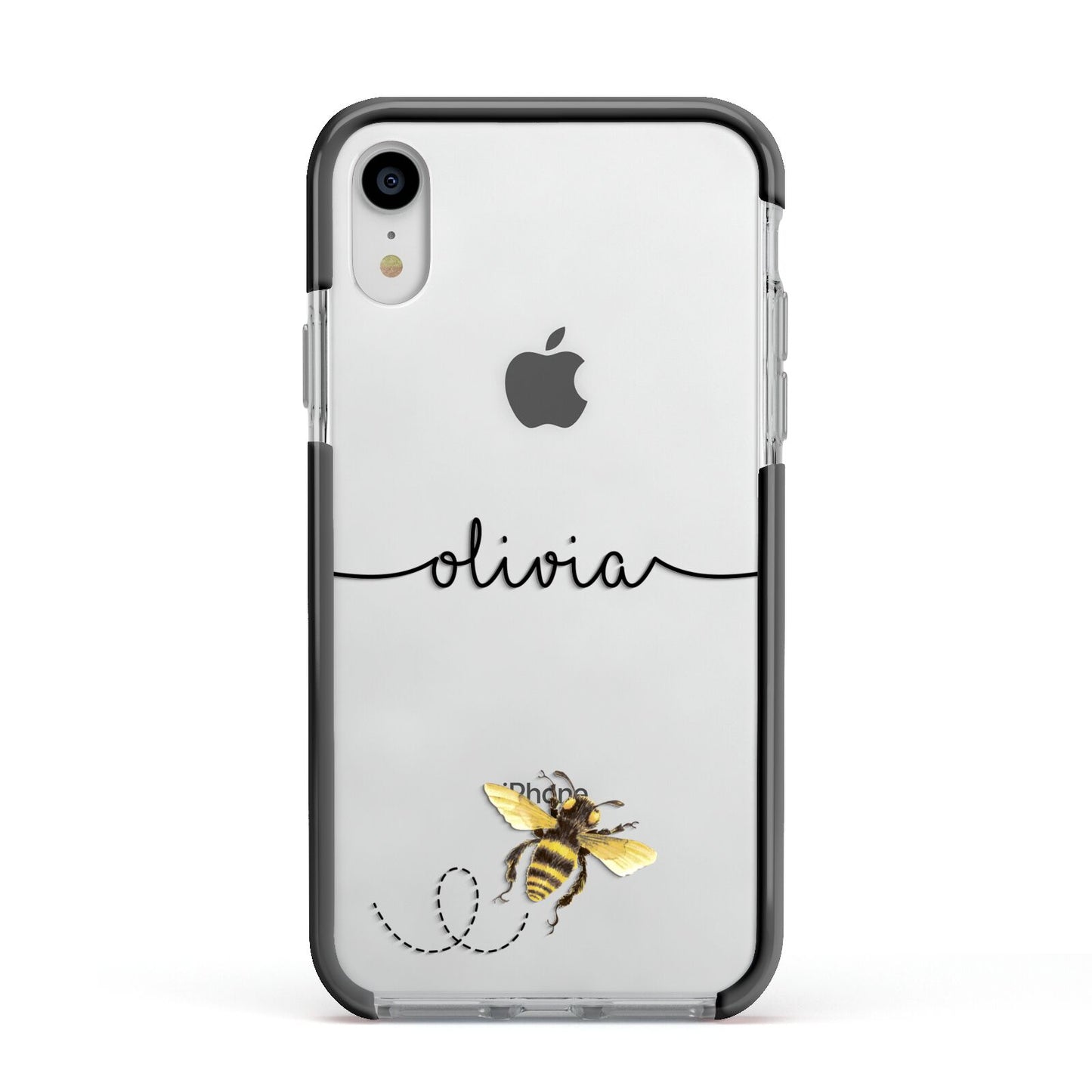 Watercolour Bee with Name Apple iPhone XR Impact Case Black Edge on Silver Phone