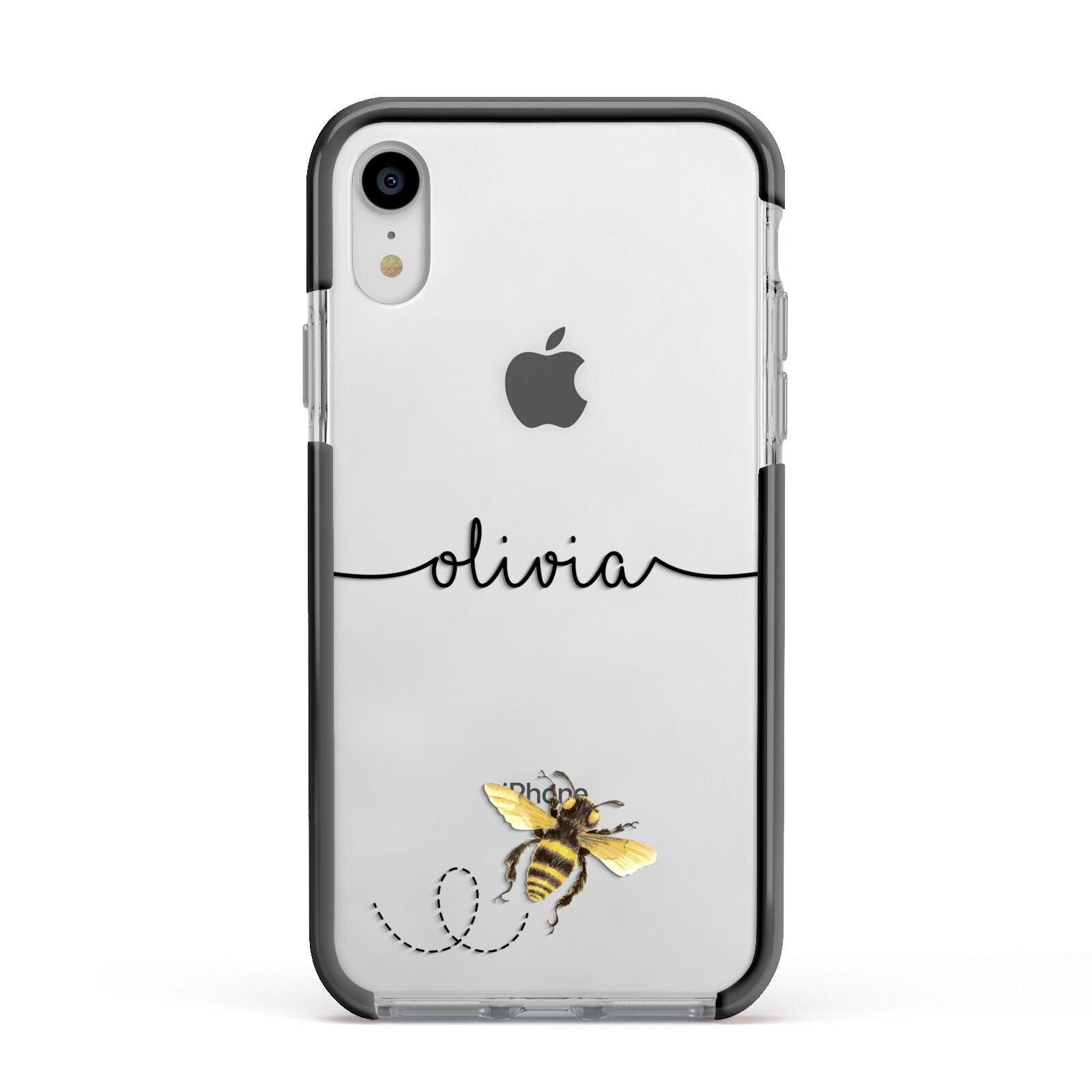 Watercolour Bee with Name Apple iPhone XR Impact Case Black Edge on Silver Phone