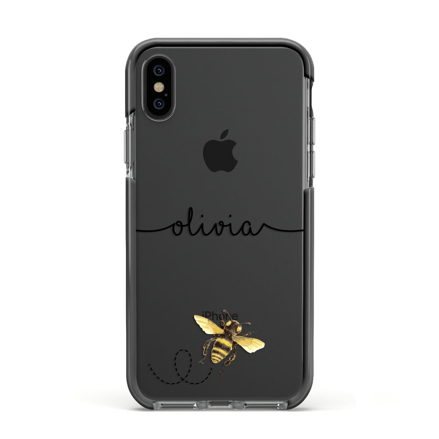 Watercolour Bee with Name Apple iPhone Xs Impact Case Black Edge on Black Phone