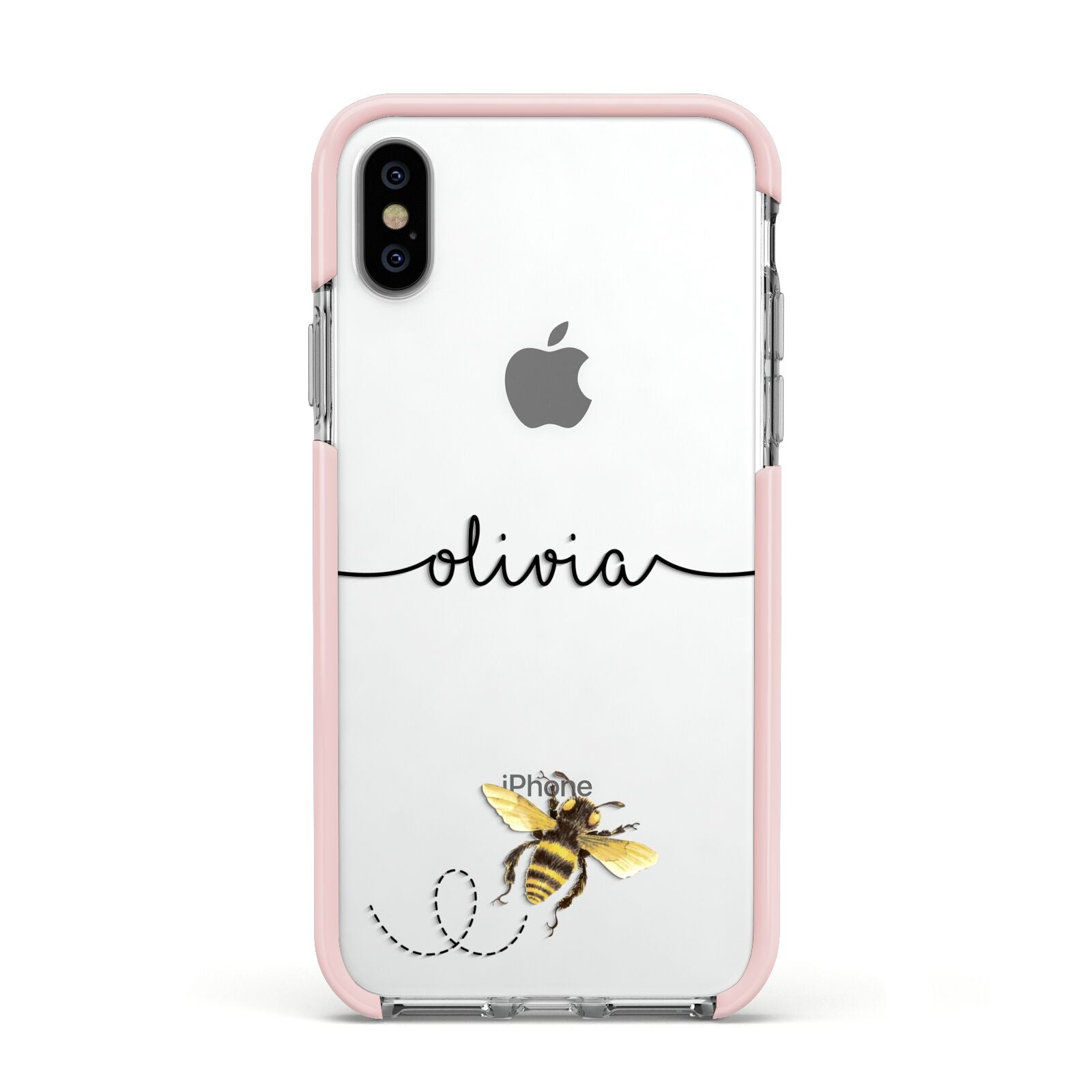Watercolour Bee with Name Apple iPhone Xs Impact Case Pink Edge on Silver Phone